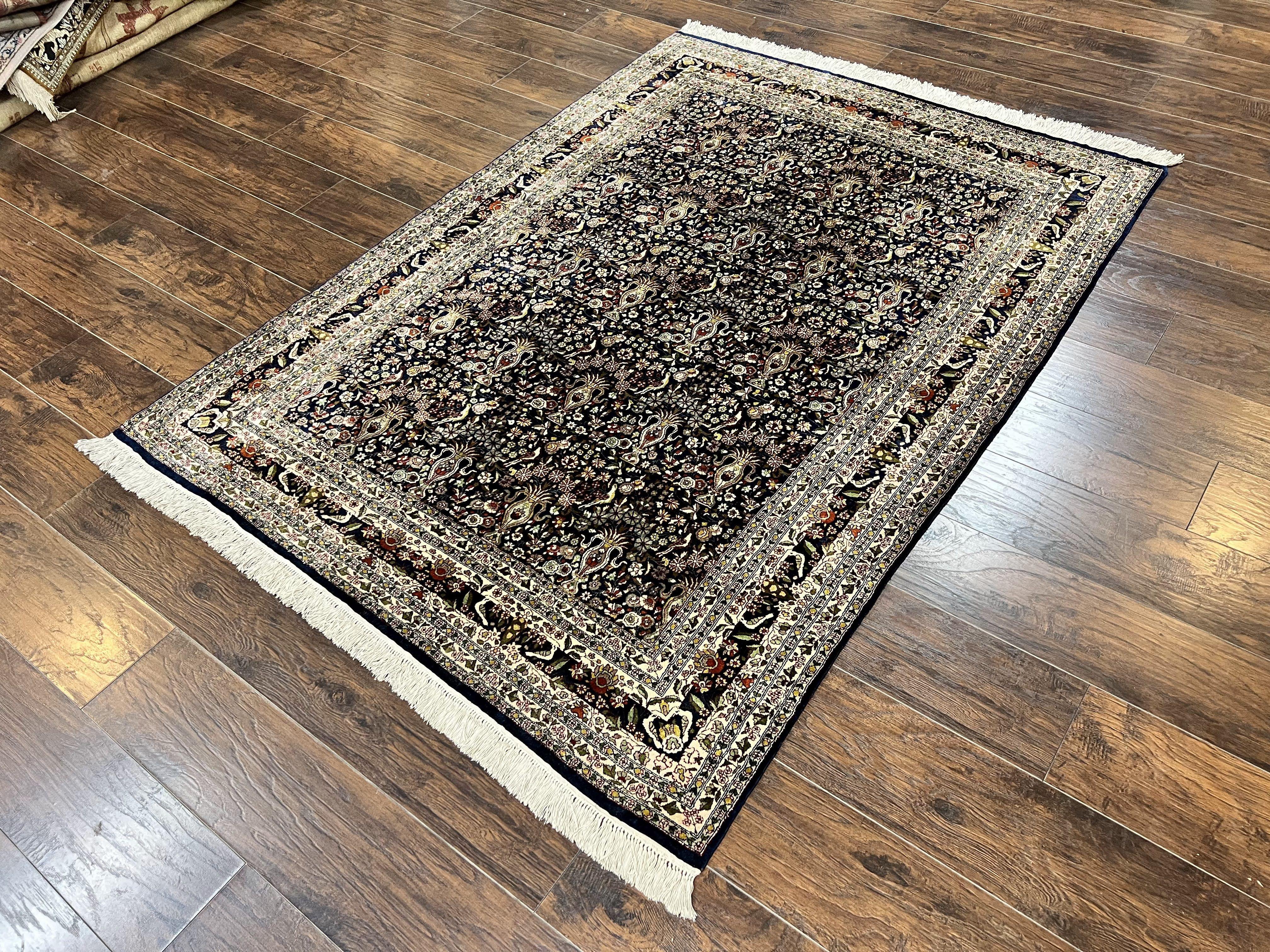 Silk Indian Kashmiri Rug 5x7, Navy Blue Indo Persian Silk Carpet 5 x 7 ft, Hand Knotted Handmade Very Fine Oriental Carpet, 450 KPSI, Birds - Jewel Rugs