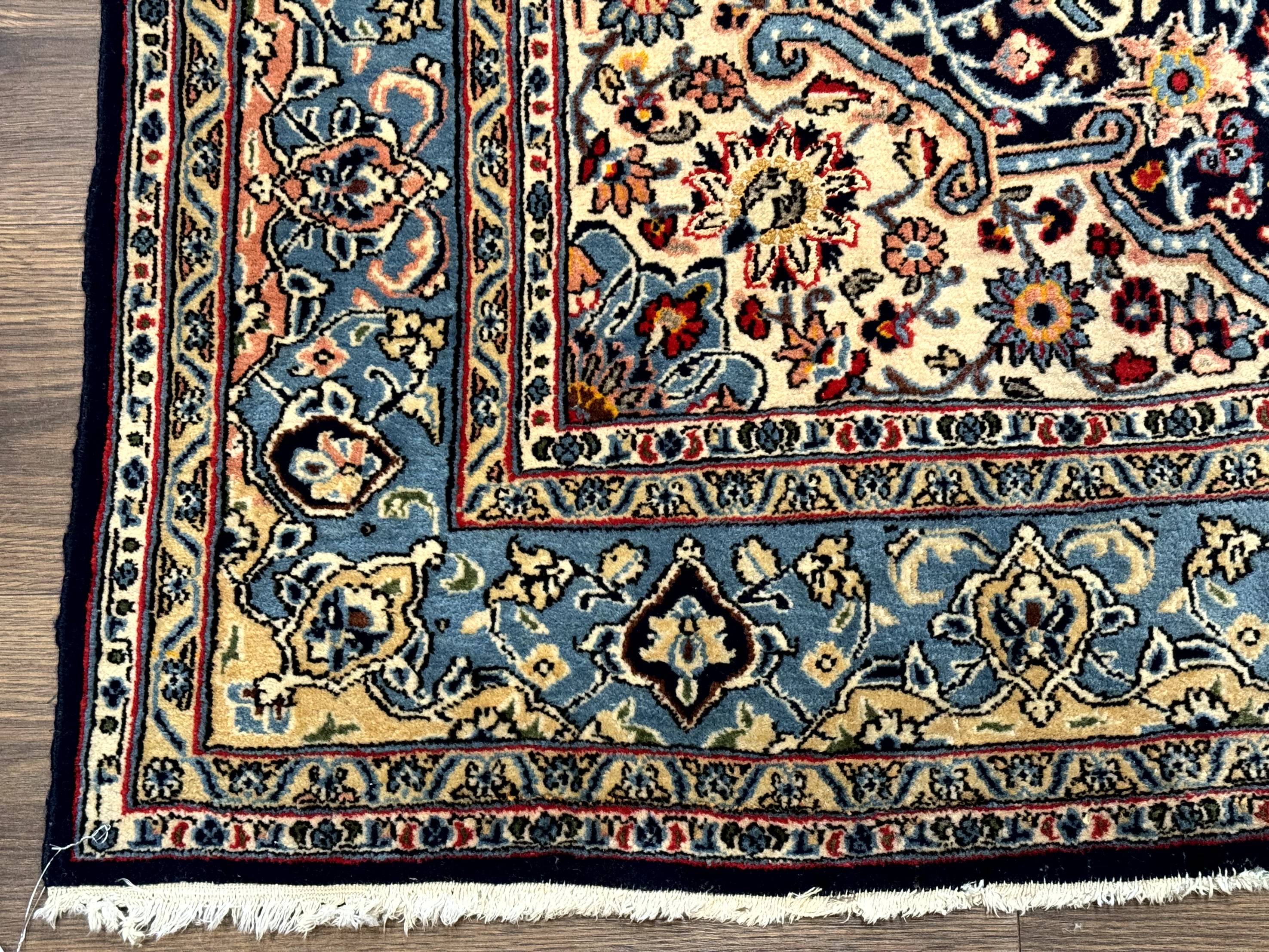 Persian Qum Rug 5x7 in Navy Light Blue and Ivory, Wool wilh Silk Highlights, 225 KPSI - Jewel Rugs