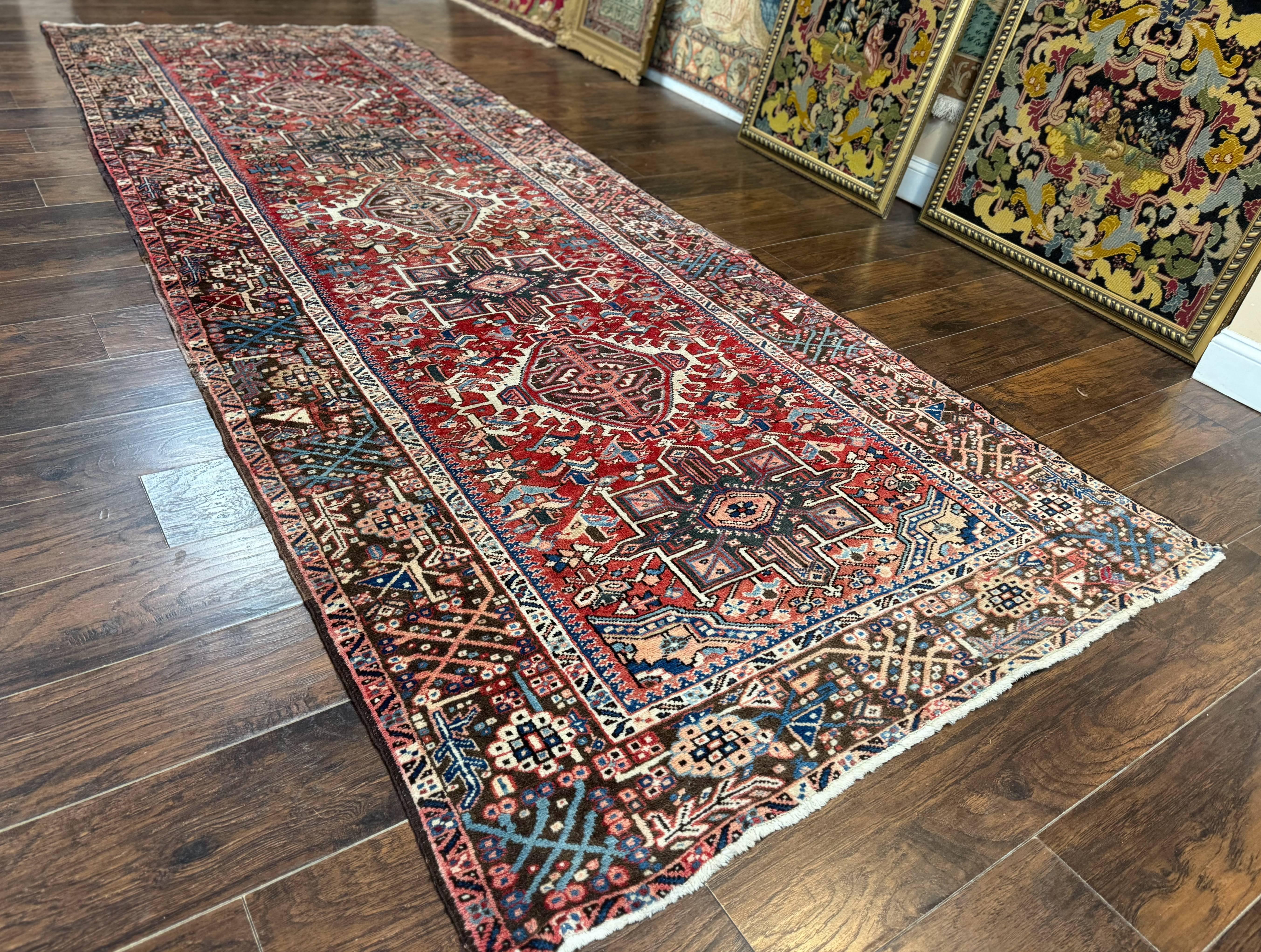 Perisan Heriz Rug 5x13, Wide Runner Rug, Geometric Medallions Tribal Carpet, Antique, Red, Rare Size, Wool Handmade Runner - Jewel Rugs