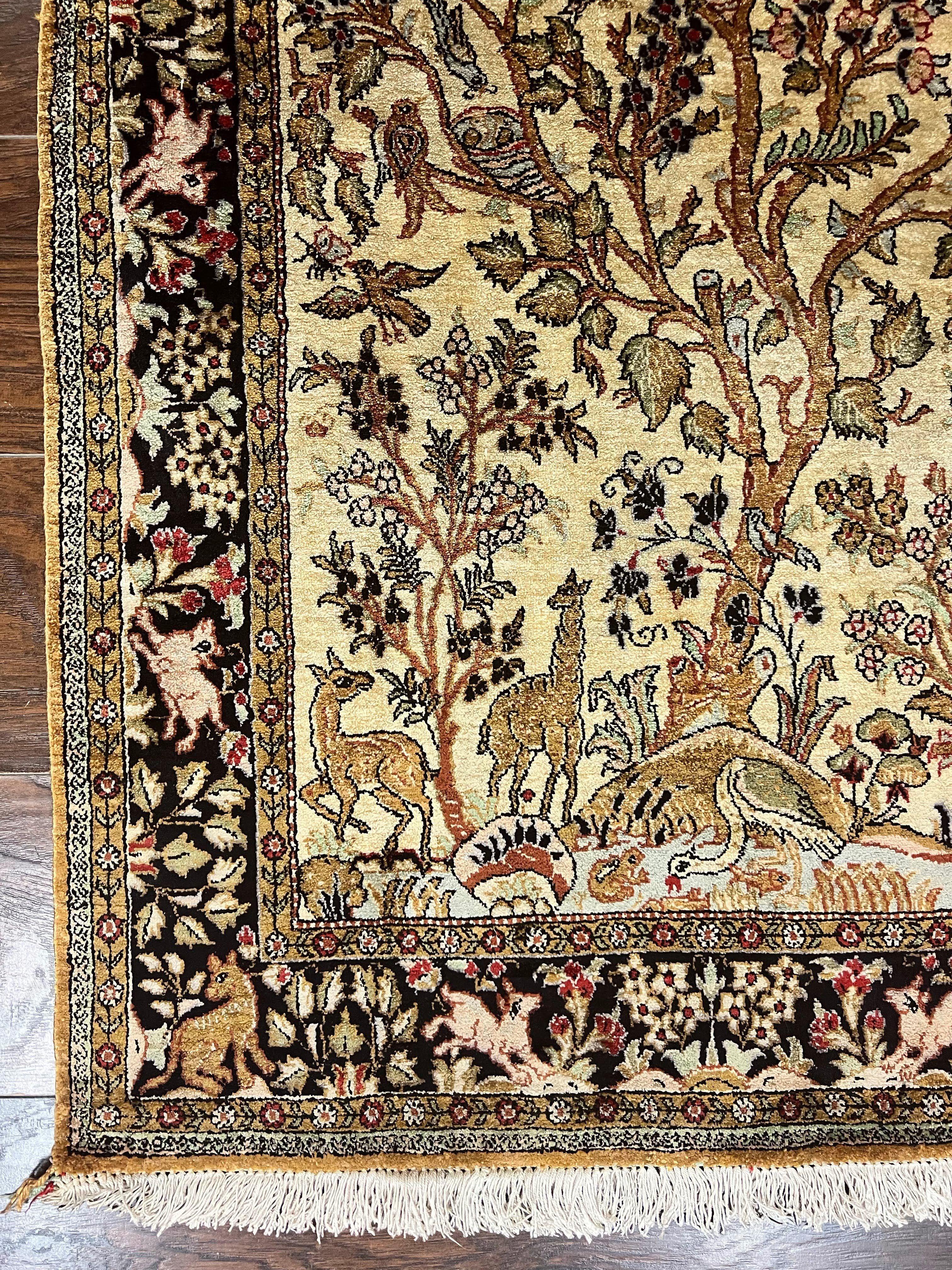 Silk Tree of Life Persian Qum Rug 3x4, Hand Knotted Vintage Carpet, Cream & Black, Very Fine Oriental Rug, Animal Pictorials, Birds - Jewel Rugs