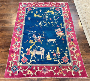 Antique Chinese Art Deco Rug, Animal Pictorials, Navy Blue and Magenta, Chinese Nichols Carpet, Wool