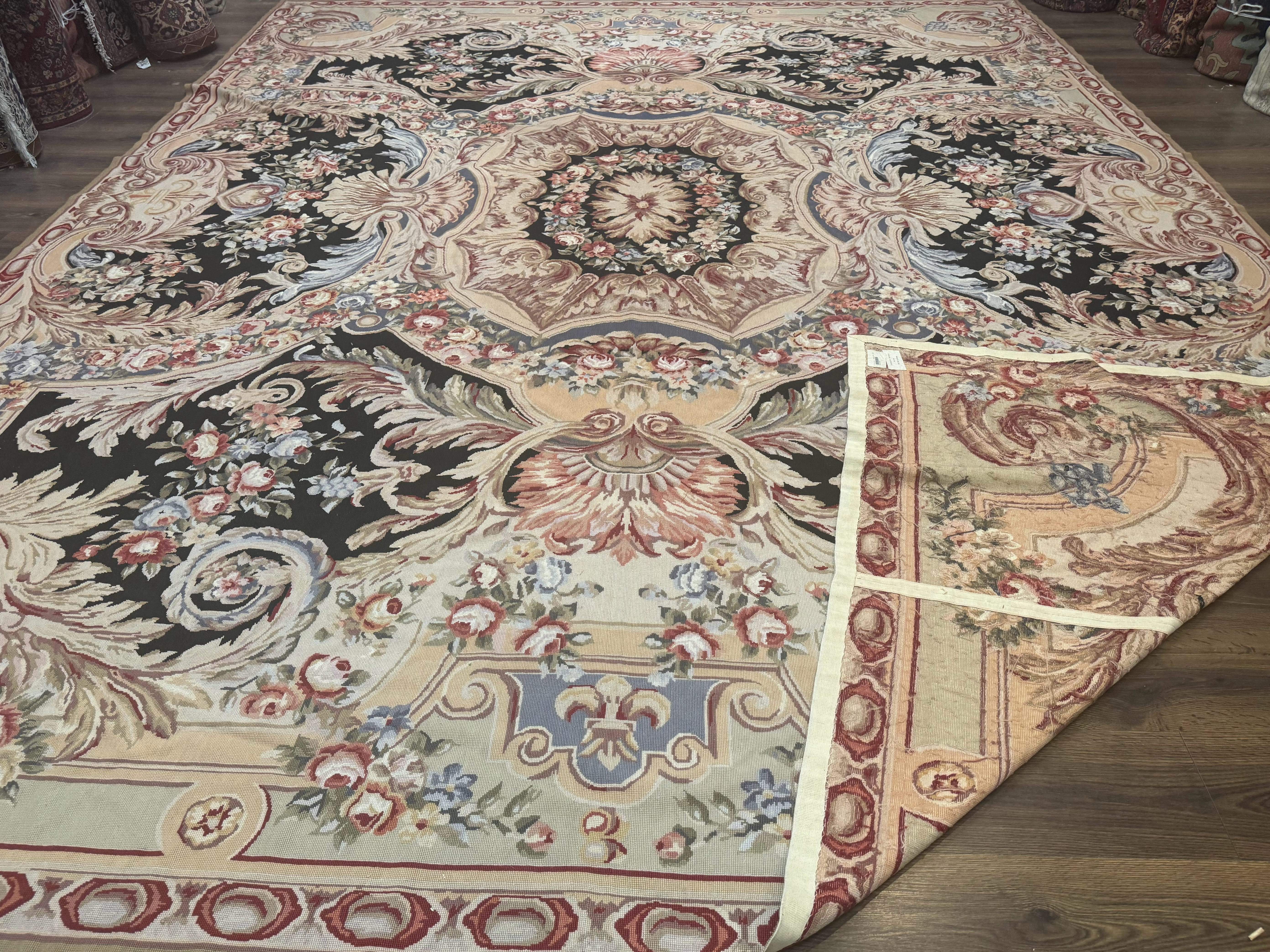 Wonderful Needlepoint Rug 10x14, Large Aubusson Carpet, Floral, Elegant, European Design - Jewel Rugs