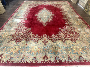 Persian Kirman Rug 10x14, Semi Open Field, Large Vintage Persian Carpet, Handmade Wool Rug, Red