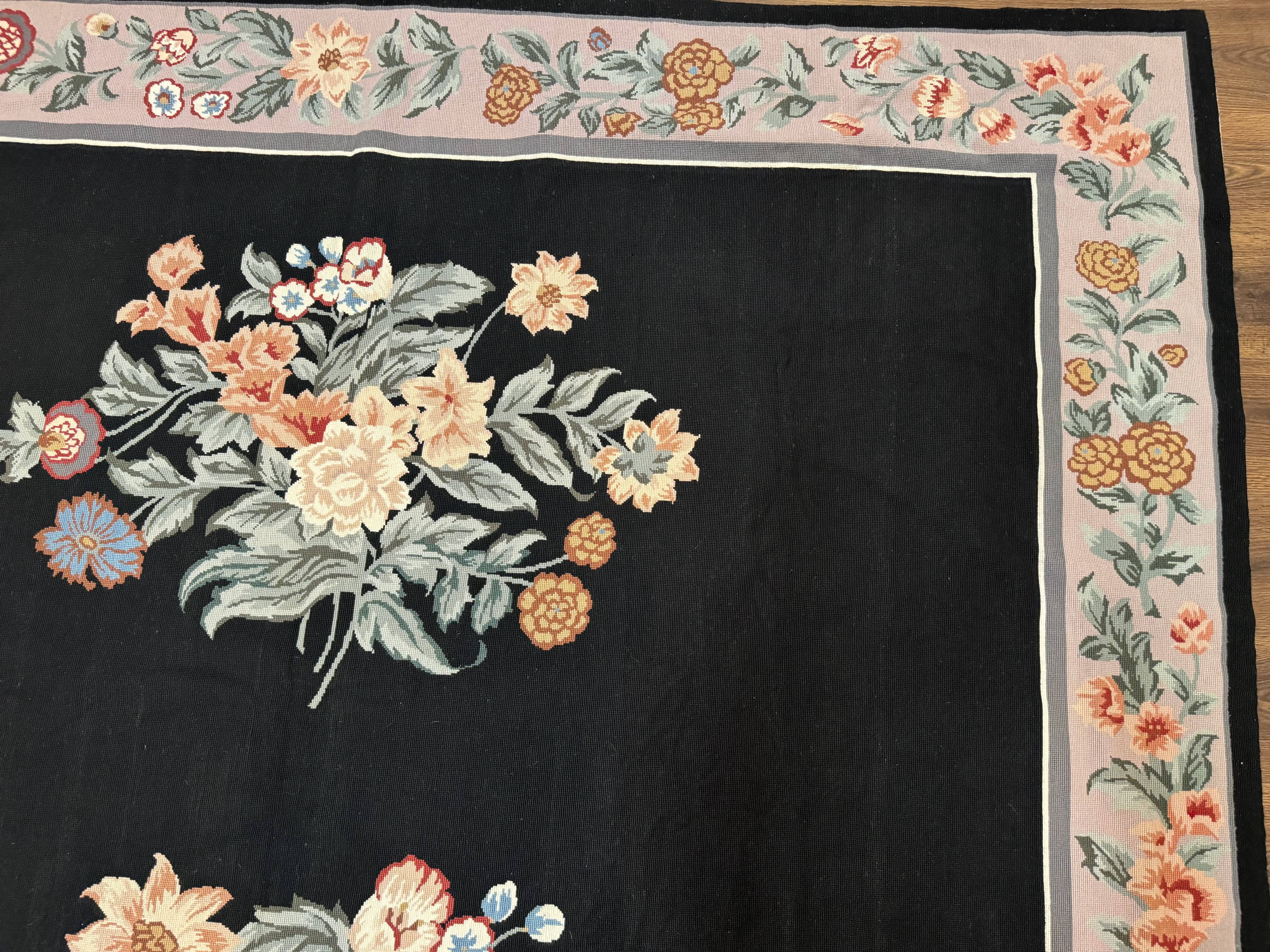 Black Needlepoint Rug 8x11 with Multicolor Flowers, Vintage Carpet - Jewel Rugs