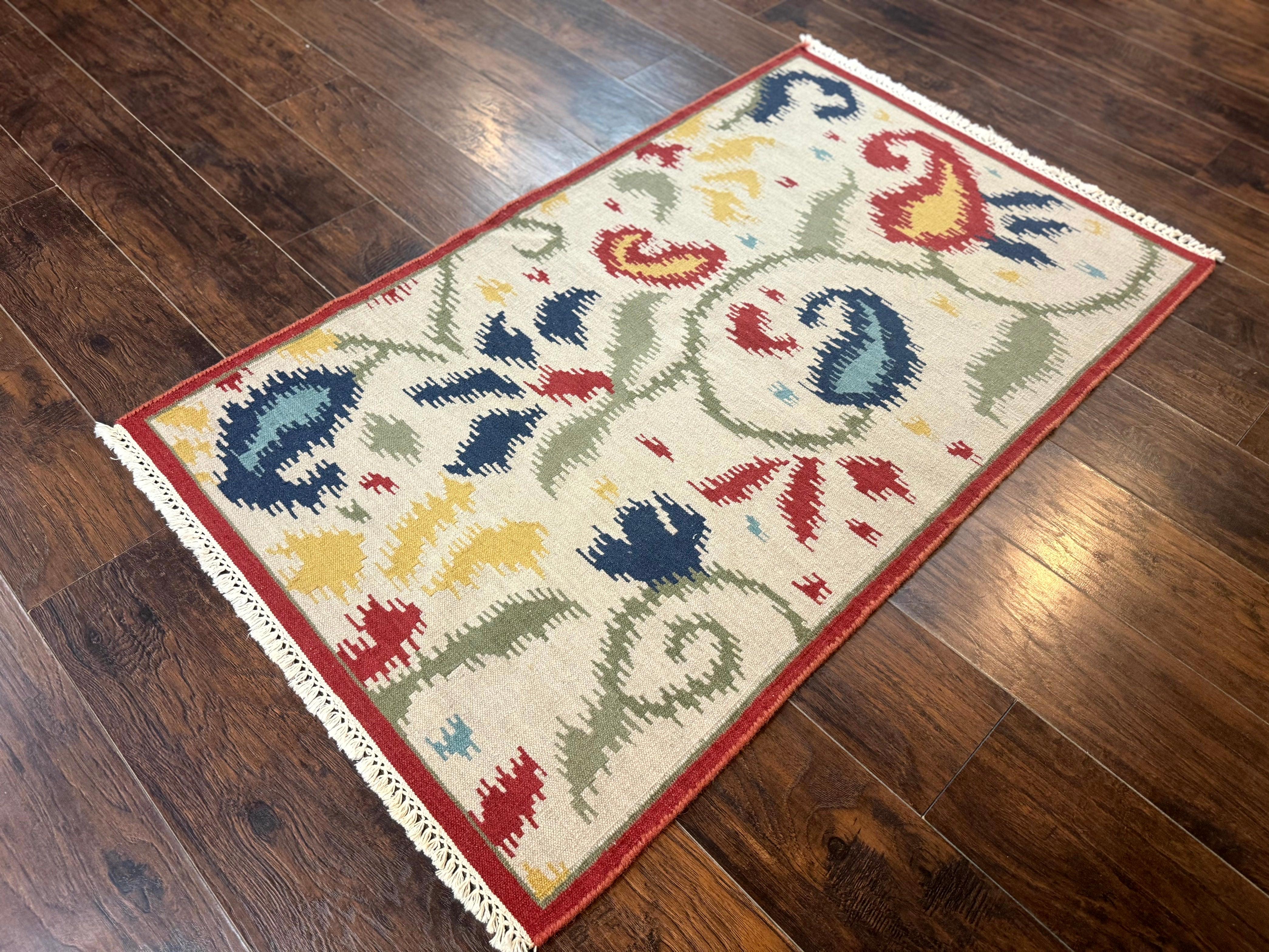 Indian Kilim Flatweave Rug 3x5, Abstract, Beige and Multicolor Flowers, Handmade - Jewel Rugs