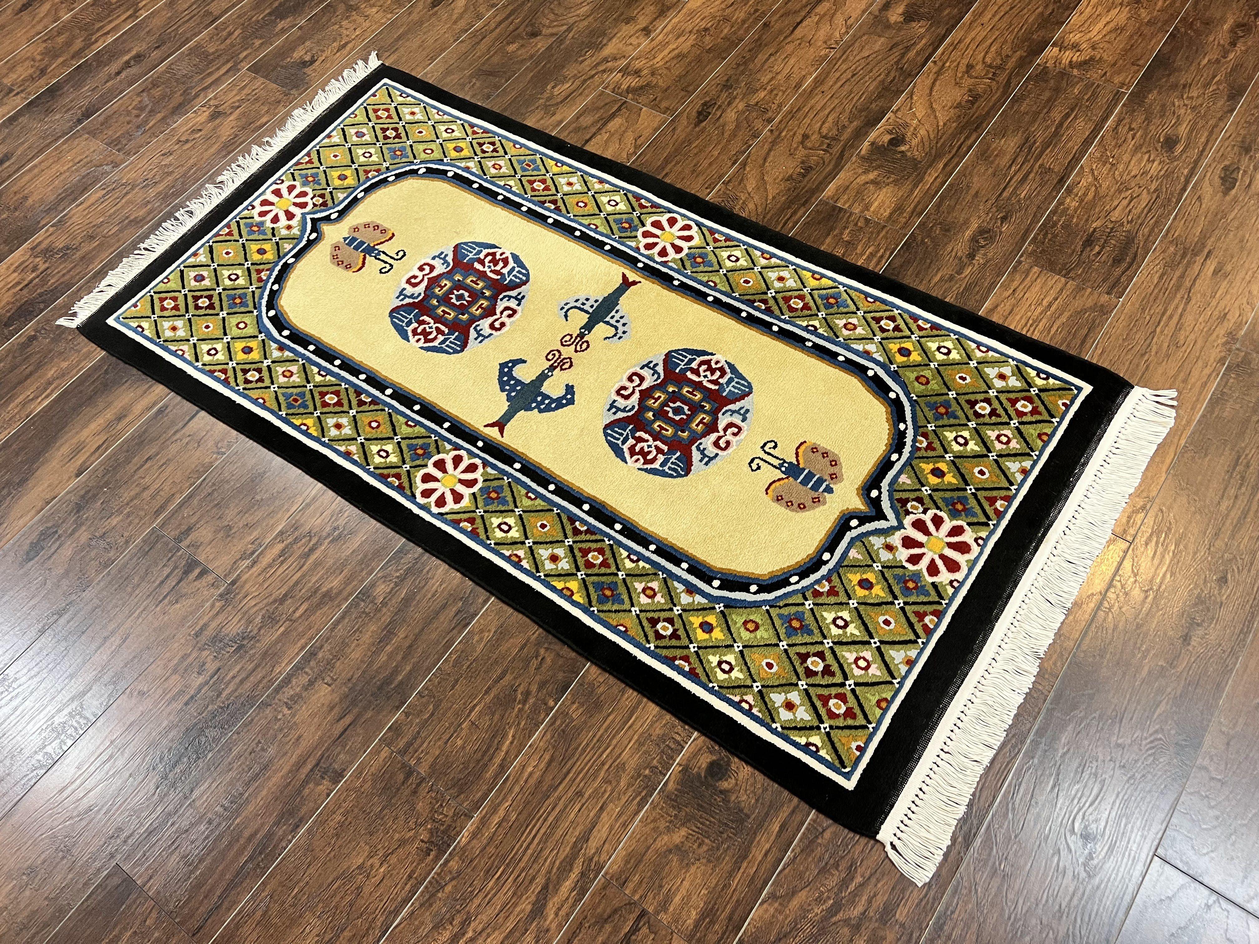 Chinese Rug 3x6 ft, Chinese Wool Rug, Tiensin Rug, Handmade Wool 3 x 6 Vintage Peking Rug, Art Deco Rug, Butterflies - Jewel Rugs
