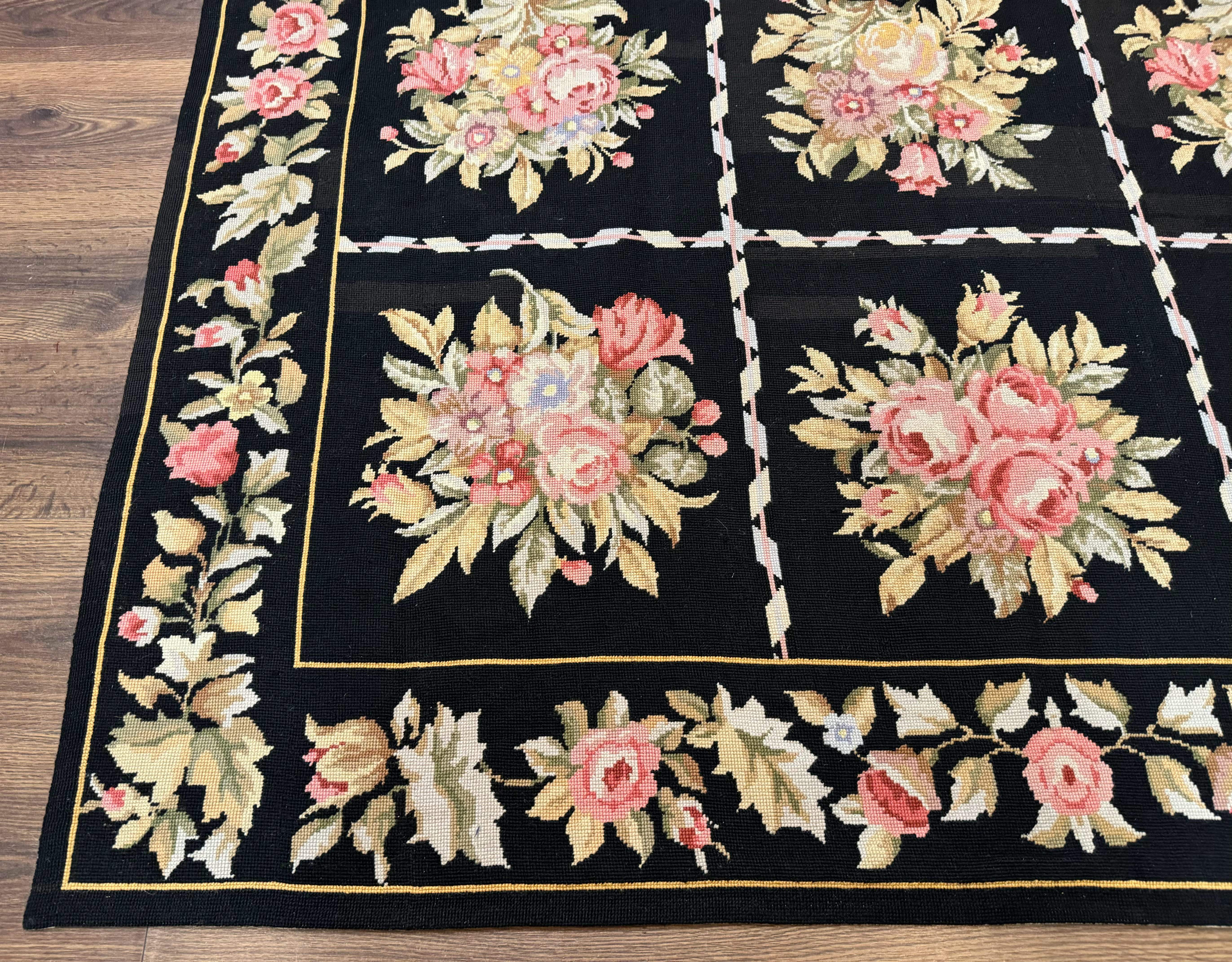 Black Floral Needlepoint Rug 5x9, European Panel Design, Vintage Carpet - Jewel Rugs