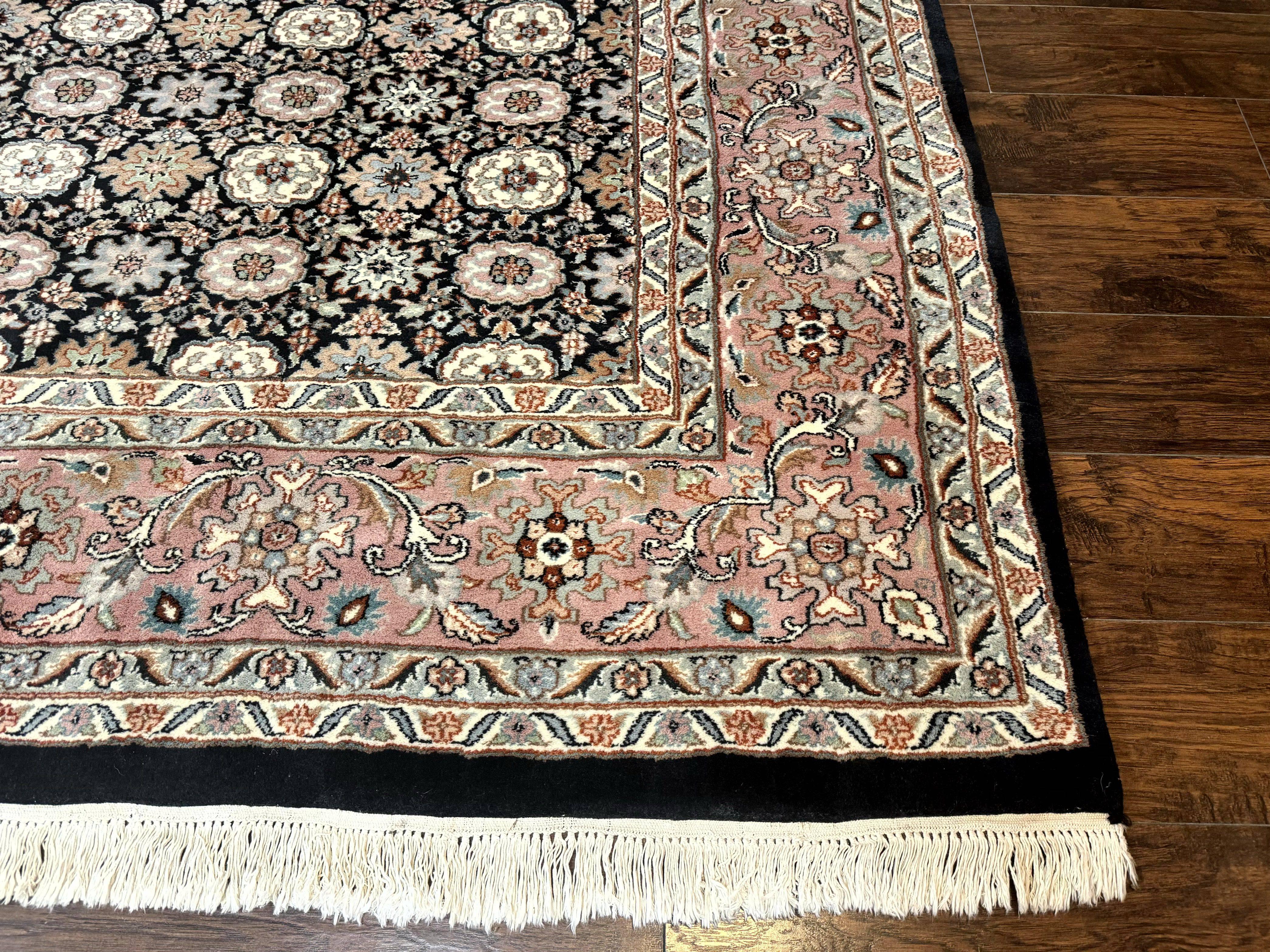 Indo Persian Rug 9x12, Vintage Handmade Wool Carpet, Repeated Allover Motif, Navy Blue and Pink - Jewel Rugs