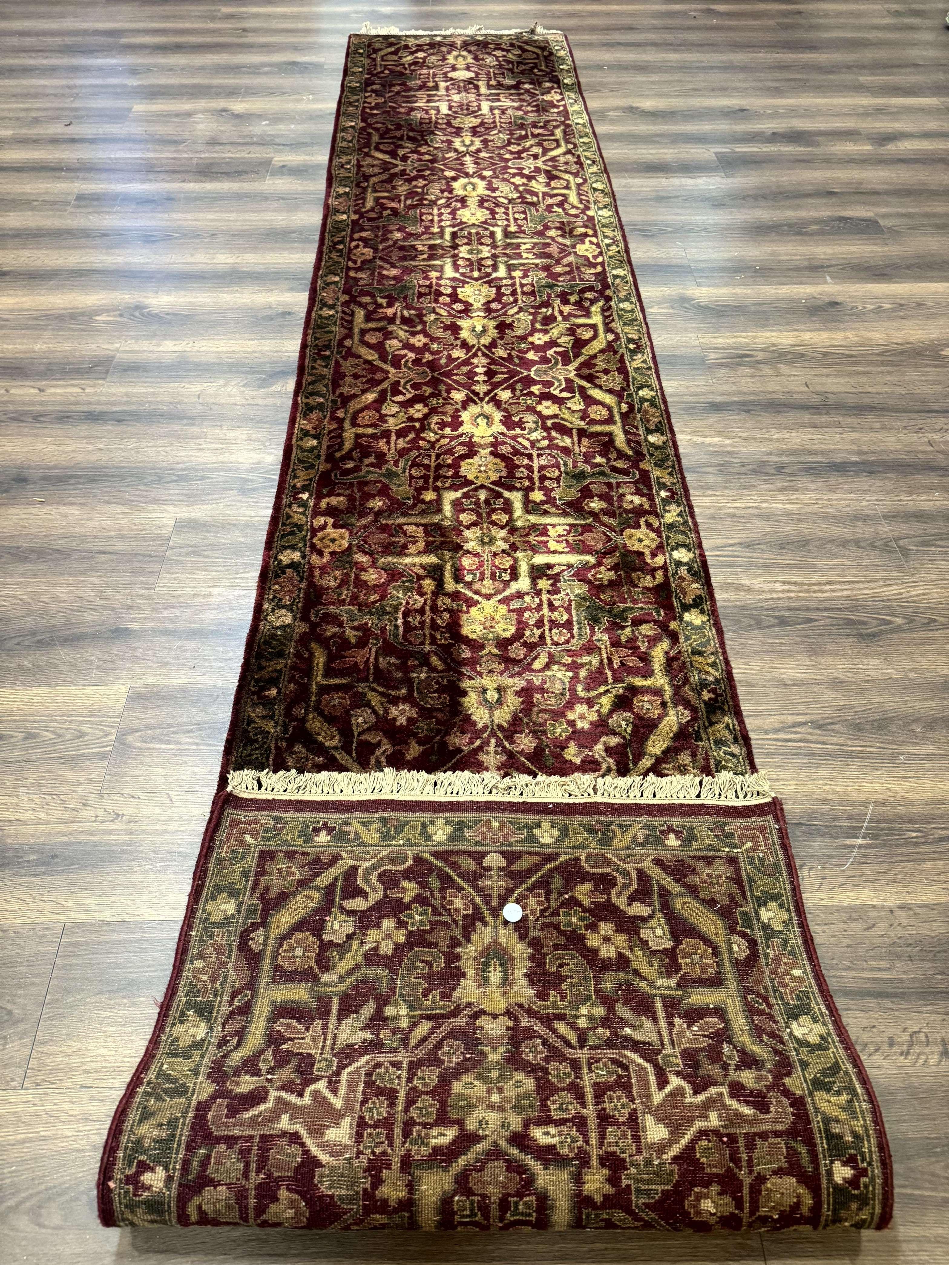 Indo Persian Runner Rug 2.7 x 13.8, Maroon, Wool, Handmade Indian Rug for Hallway - Jewel Rugs