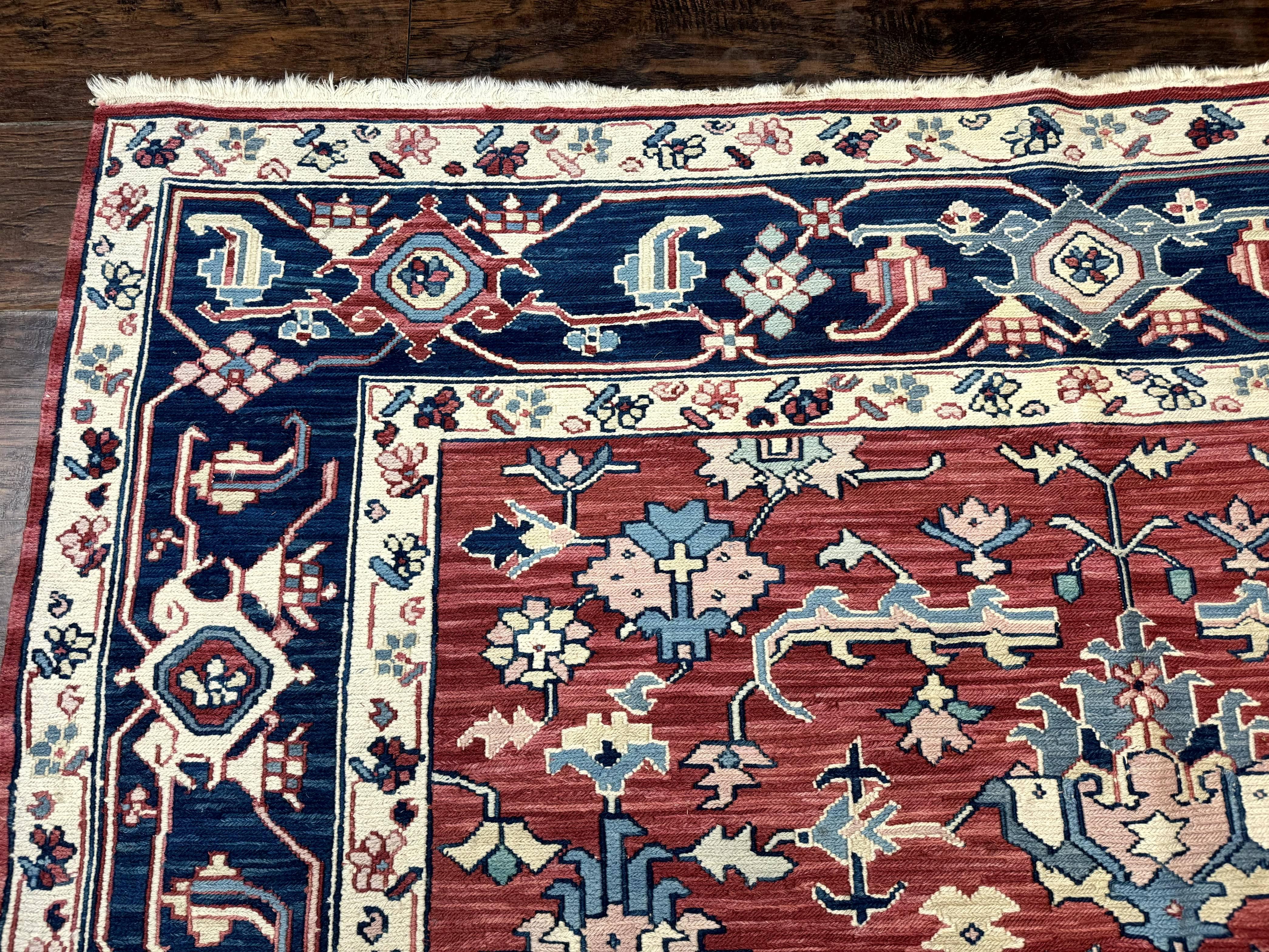 Turkish Flatweave Rug 6x9, Heriz Design, Red and Blue - Jewel Rugs