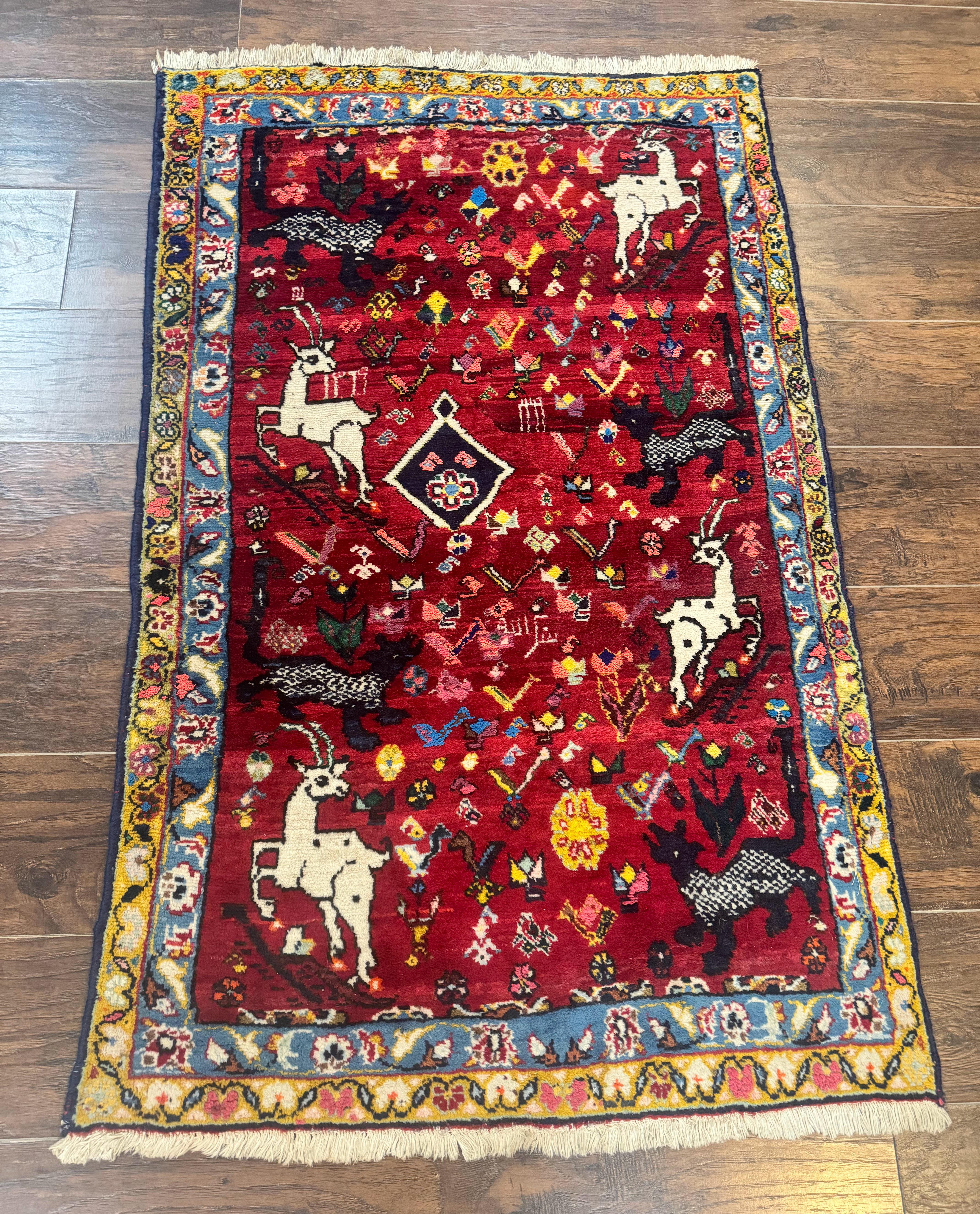 Persian Gabbeh Rug 3x5, Animal Pictorials, Wool and Silk, Handmade Vintage Small Rug, Red - Jewel Rugs