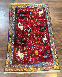 Persian Gabbeh Rug 3x5, Animal Pictorials, Wool and Silk, Handmade Vintage Small Rug, Red
