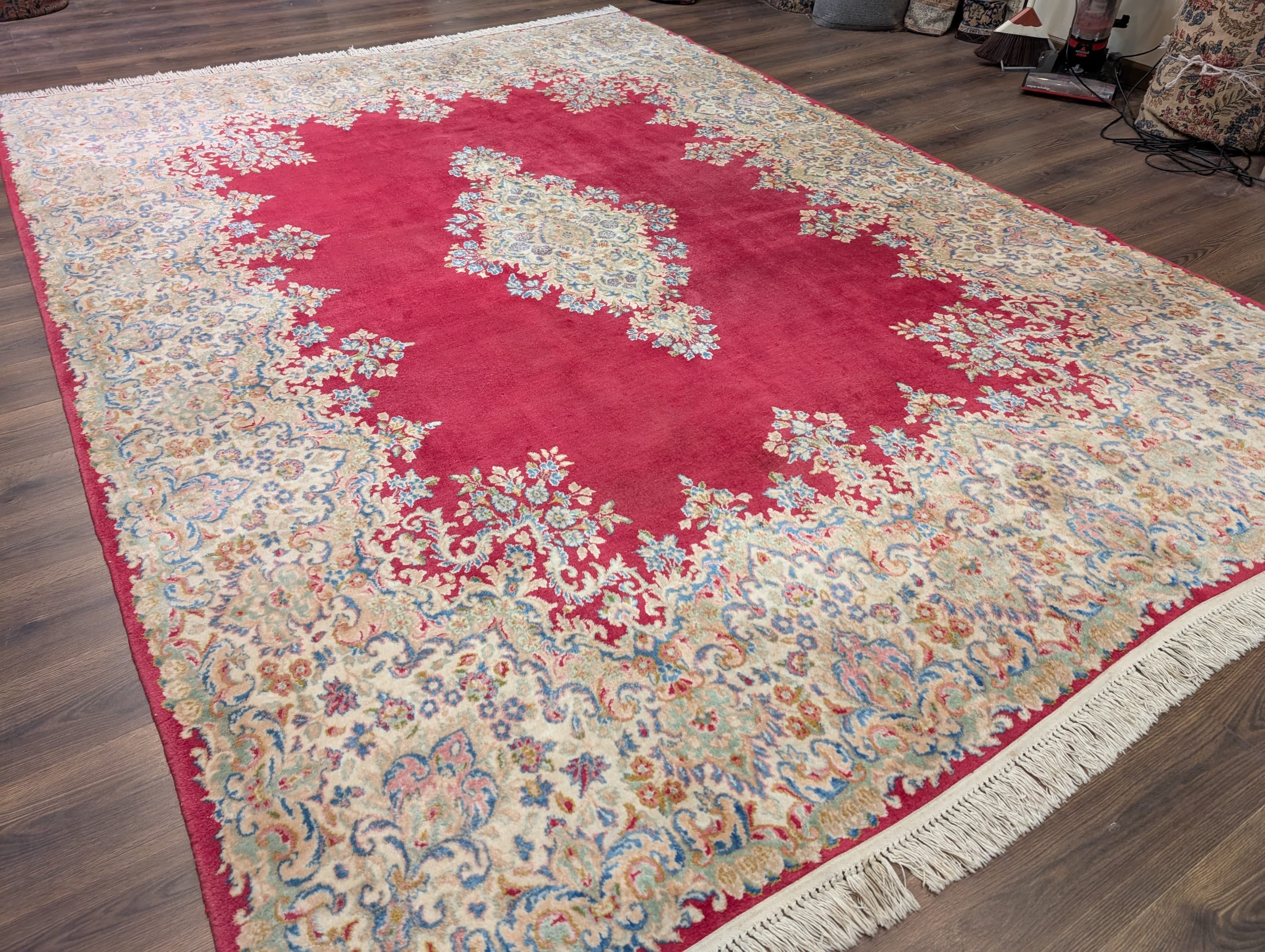 Persian Rug 9x12, Kerman Rug, Semi Open Field, Medallion, Red, Vintage, Wool - Jewel Rugs