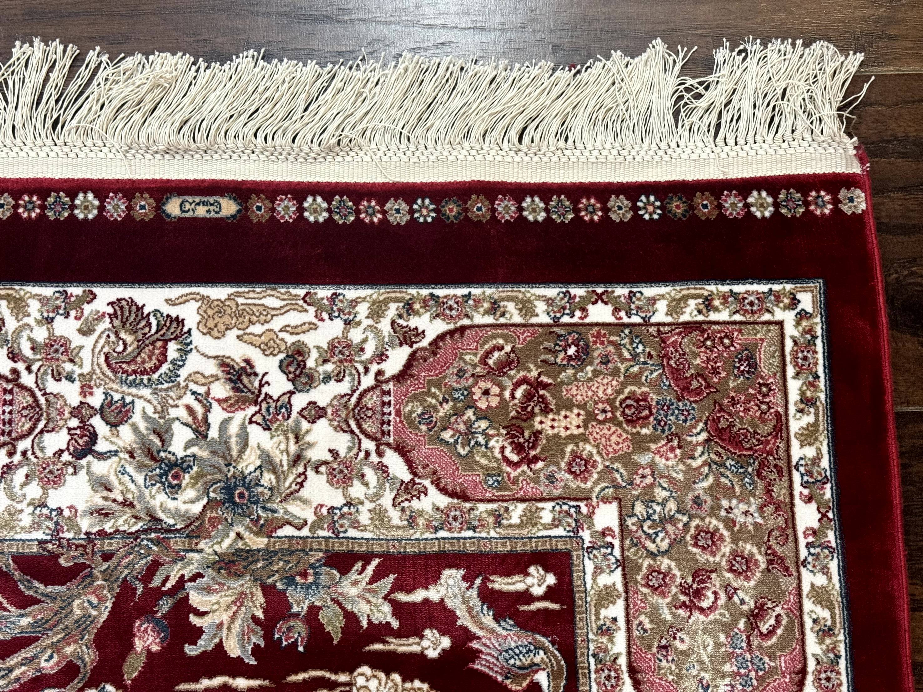 Dark Red Turkish Silk Rug 2.6 x 4, Hunting Design Scene, Bamboo Silk - Jewel Rugs