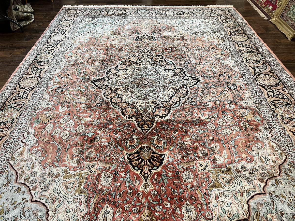 Silk Indian Kashmir Rug 10x14, Room Sized Silk Oriental Carpet, Indo P