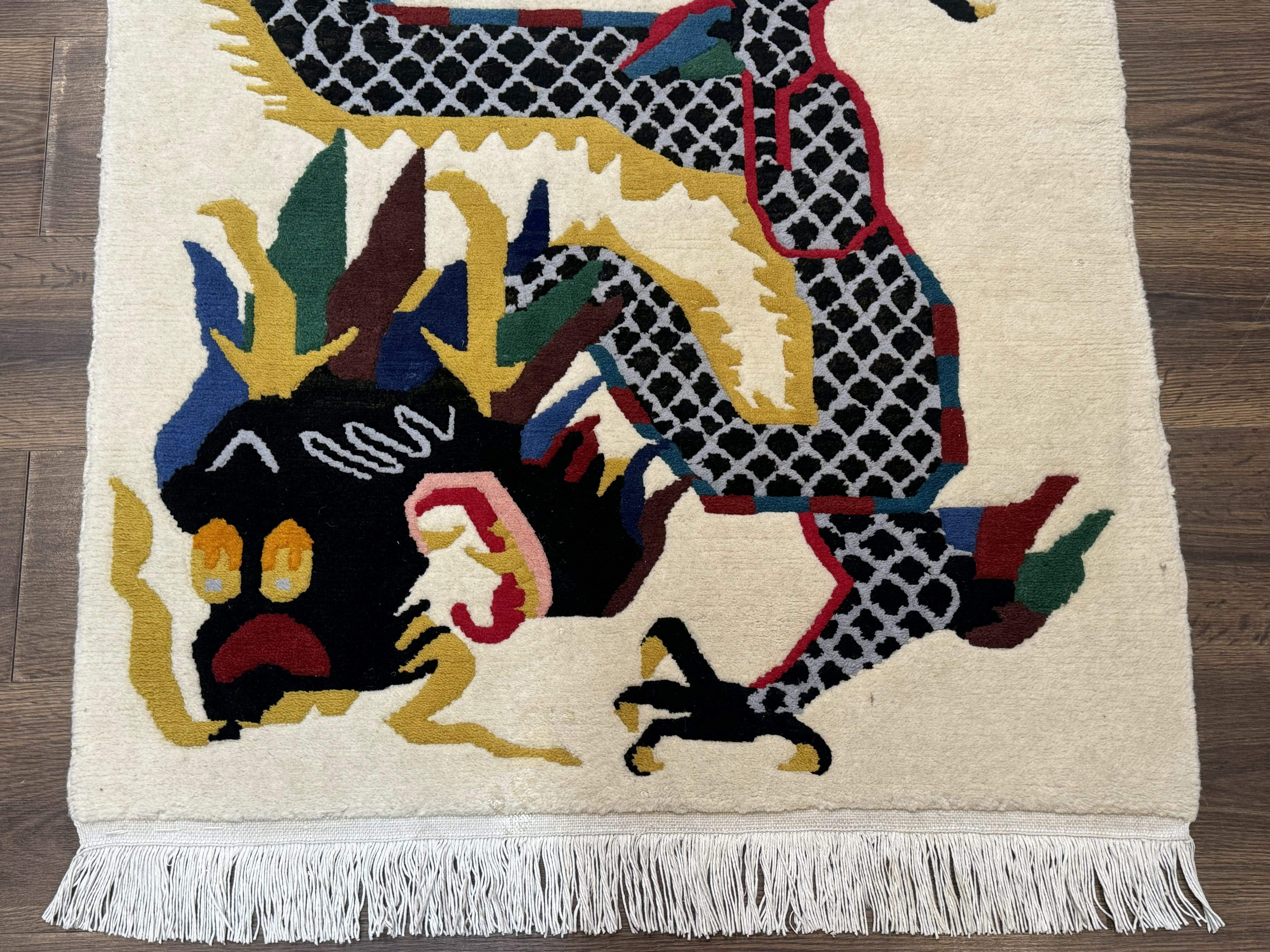 Chinese Dragon Rug 3x5 – Ivory, Hand-Knotted Wool, Vintage Carpet - Jewel Rugs