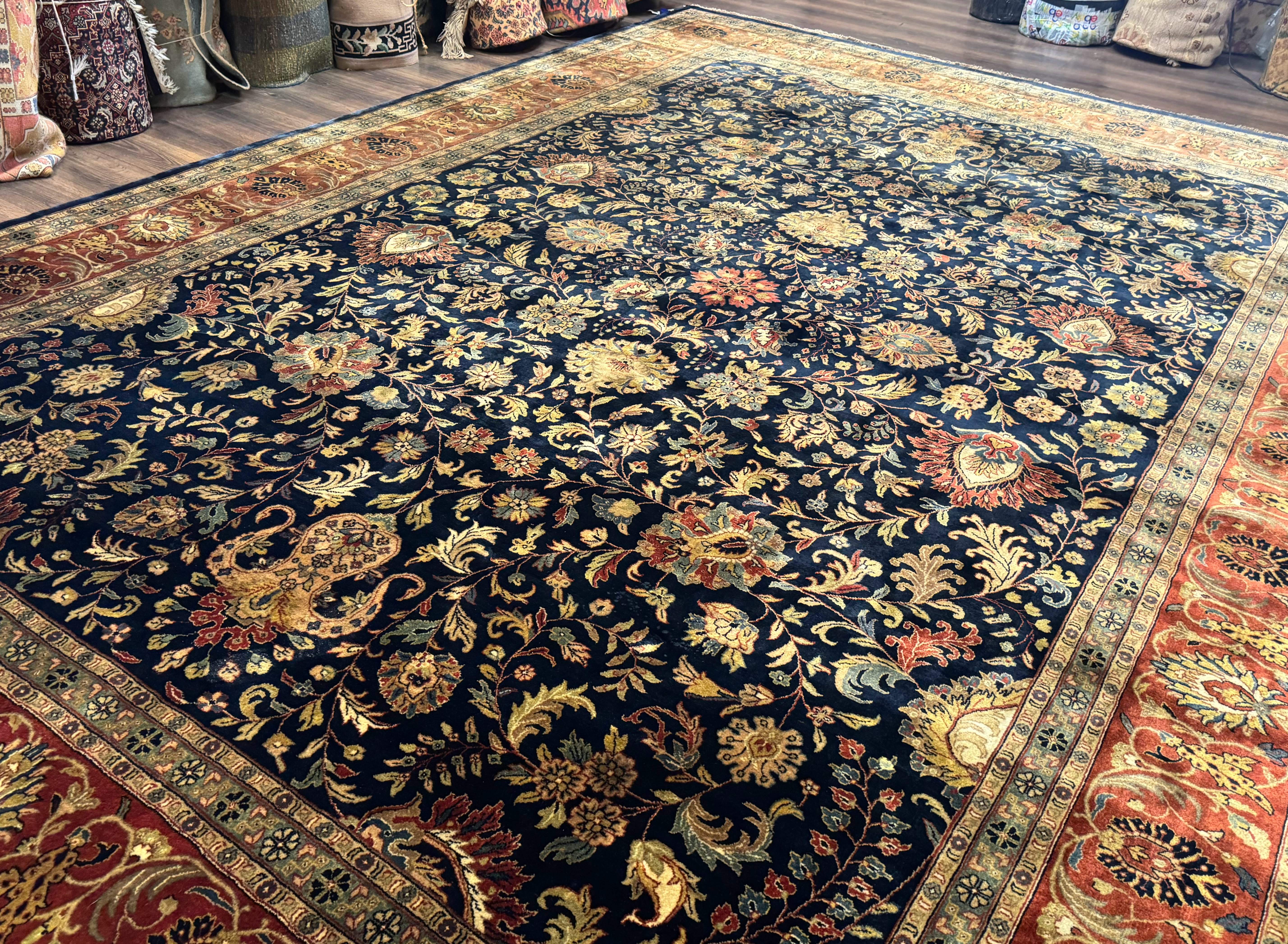 Large Indo Persian Rug 10x14, Navy Blue and Terracotta, Allover Floral Pattern - Jewel Rugs
