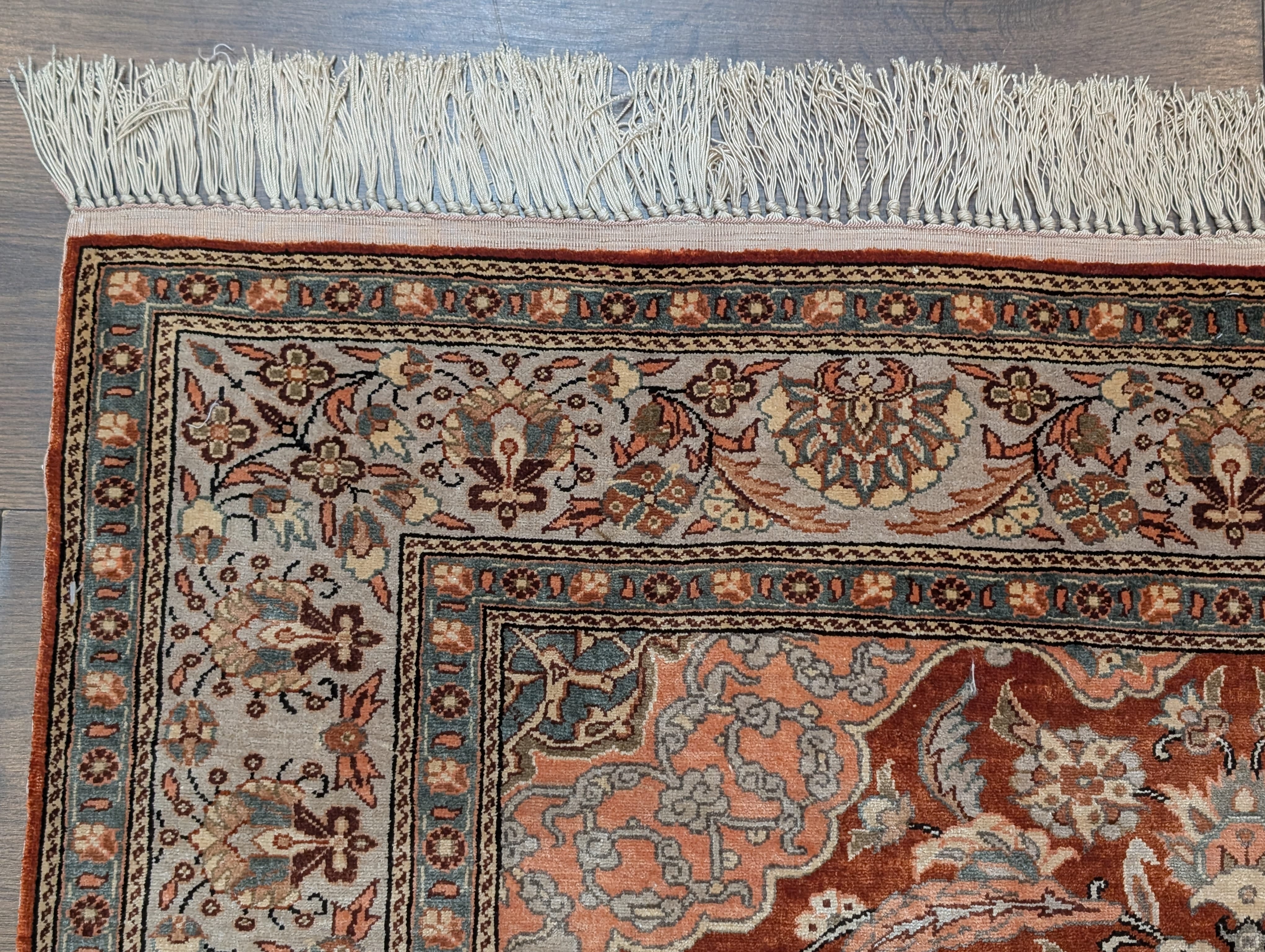 Silk Turkish Hereke Rug 3x5, Fine Hand-Knotted Silk Carpet, Rust Red & Green - Jewel Rugs