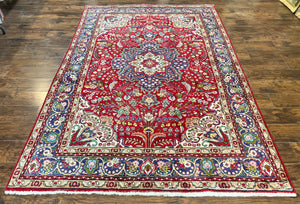 Persian Rug 7x10, Tabriz Rug, Colorful Red Floral Medallion Semi Antique Vintage Persian Carpet, Handmade Wool Rug