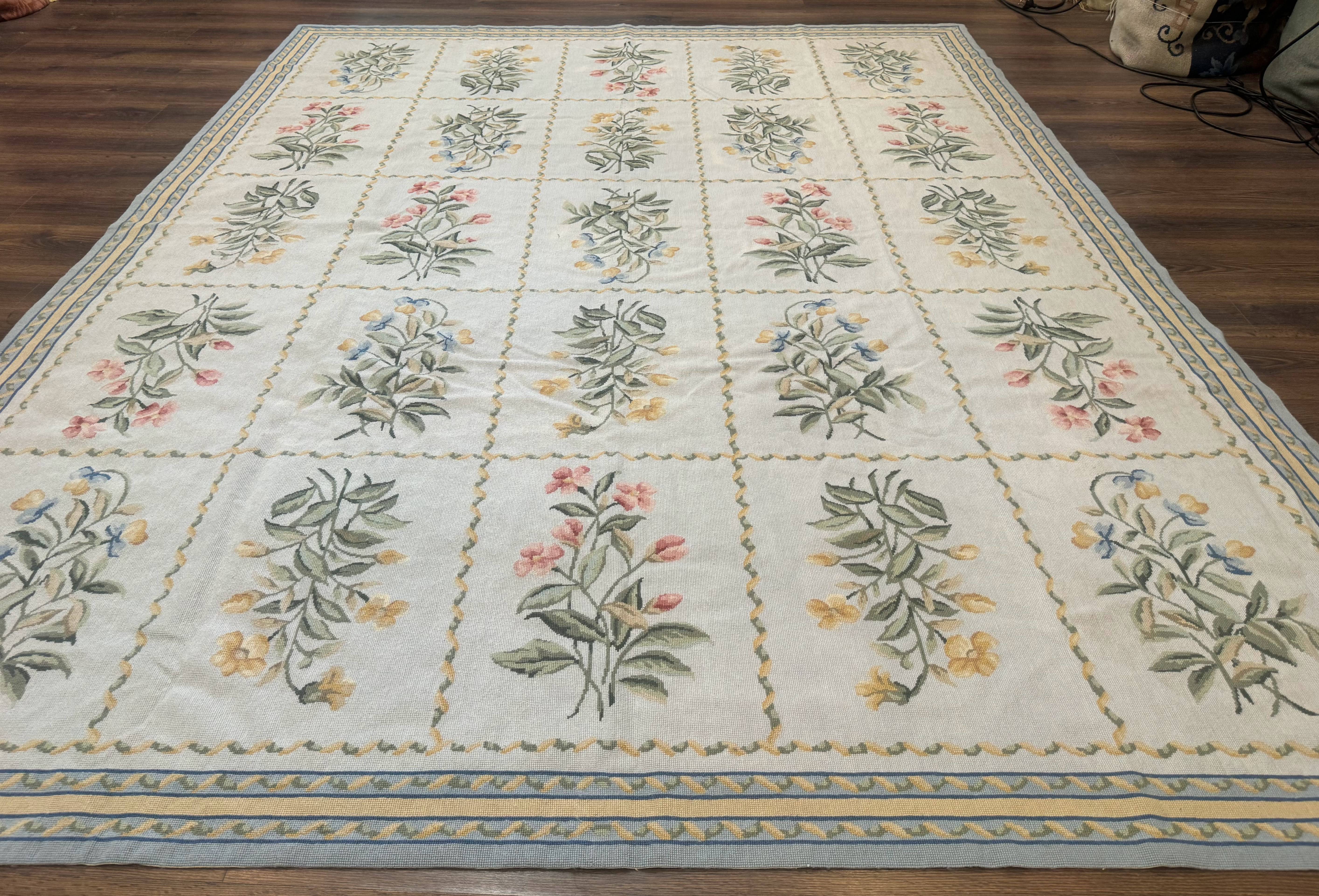 Needlepoint Rug 8x10, Vintage, Aubusson Panel Design, Floral, Wool - Jewel Rugs