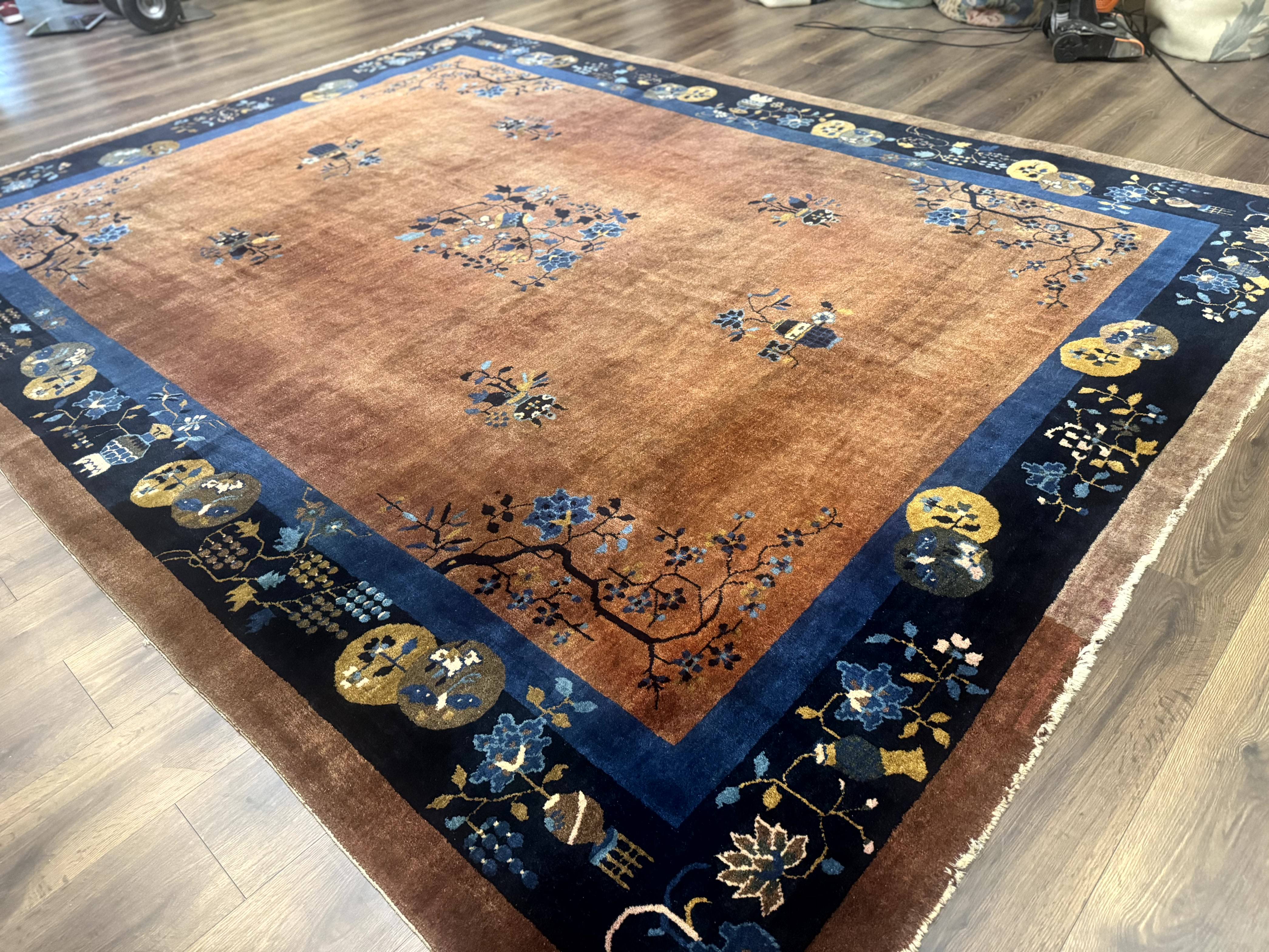 Antique Chinese Wool Rug 9x12, Light Brown and Navy Blue, Fete Peking Art Deco - Jewel Rugs