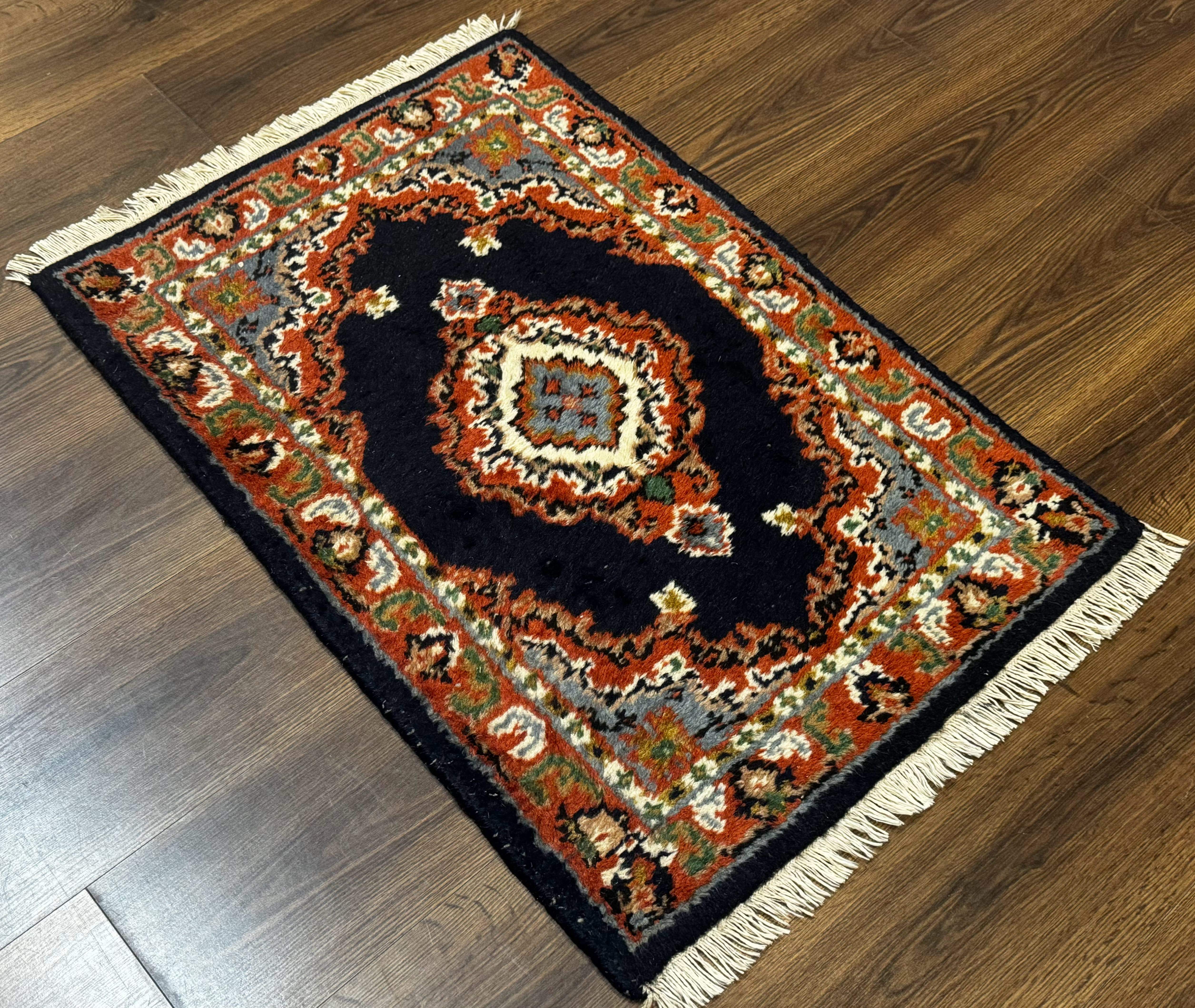 Small Indo Persian Rug 2x3, Navy Blue & Terracotta, Wool, Handmade - Jewel Rugs