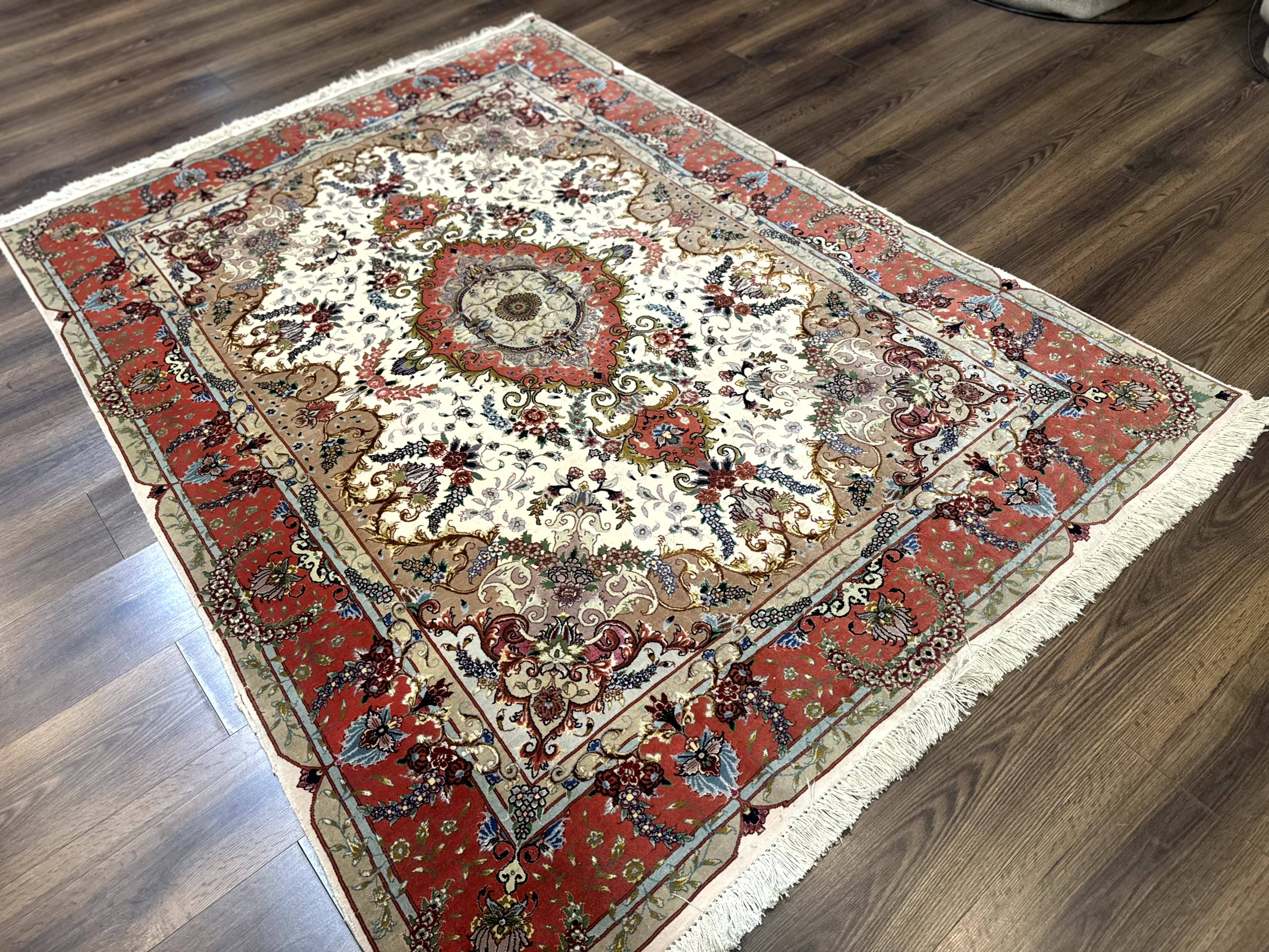 Wonderful Persian Tabriz Rug 5x7, Very Fine 440 KPSI, Ivory and Coral, Rare - Jewel Rugs