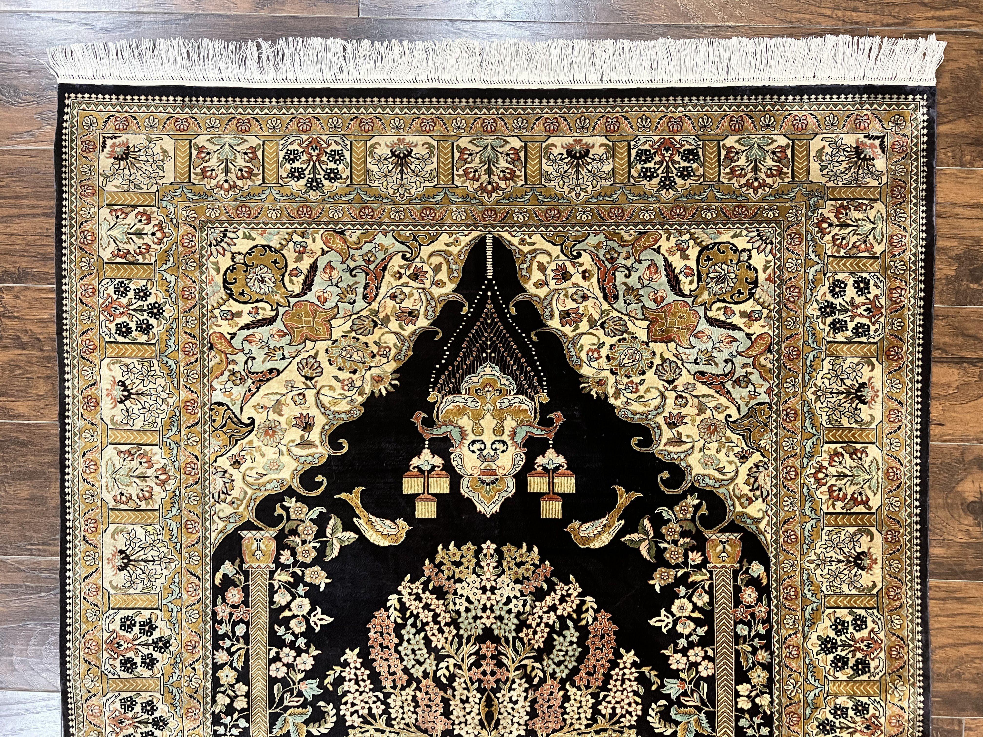 Wonderful Sino Persian Silk Rug 4x6, Tree of LIfe Design, Masterpiece 575 KPSI, Birds, Prayer Rug, Black, Silk on Silk - Jewel Rugs