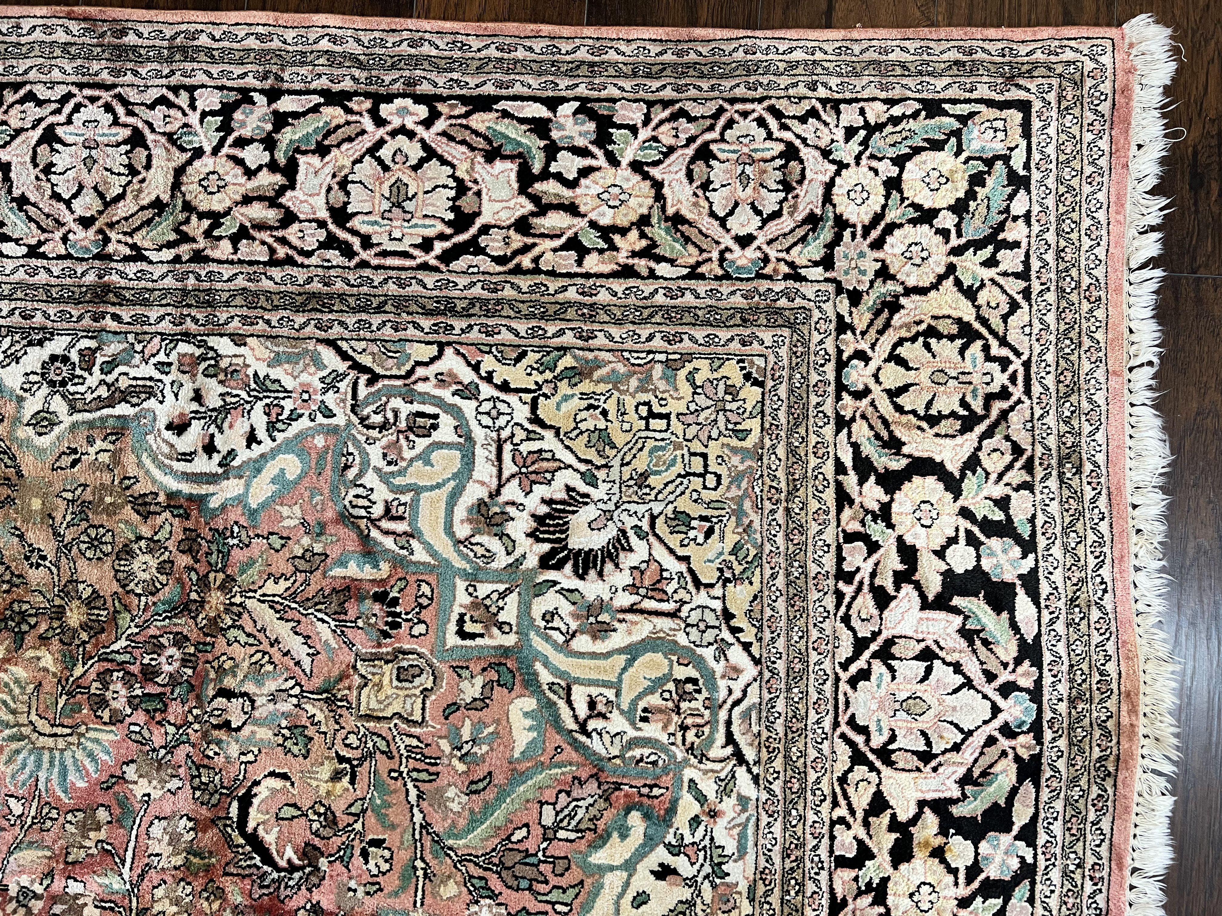 Indian Kashmiri Silk Rug 9x12, Vintage Rug 9 x 12 ft, Salmon Ivory Black Hand-Knotted Silk on Cotton Oriental Floral Carpet, Traditional Rug - Jewel Rugs