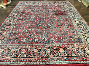 Wonderful Red Persian Sarouk Rug 9x11, 1920s Antique Persian Carpet, Floral Allover Hand Knotted Wool Oriental Rug, Room Sized Rug