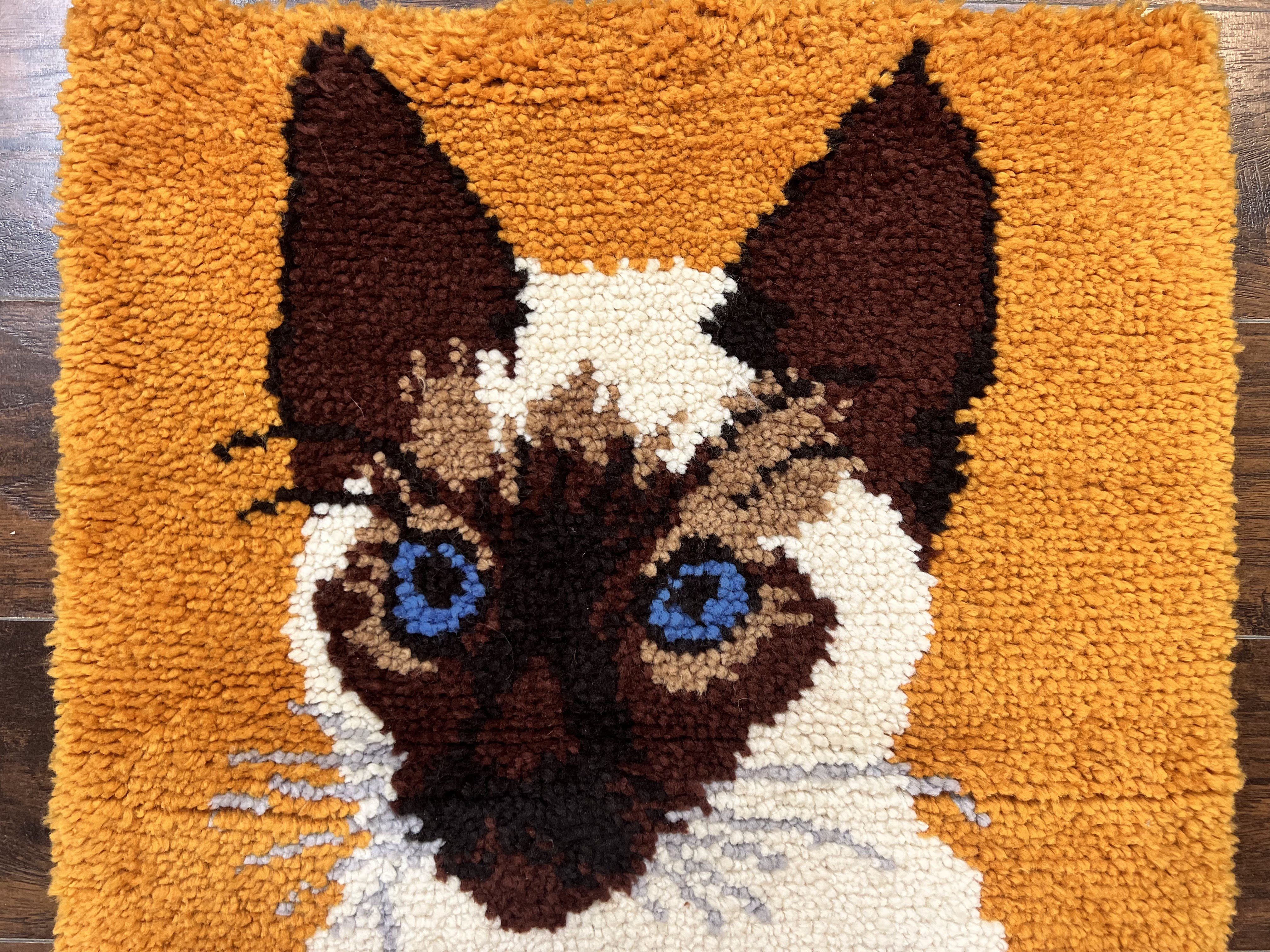 Small Shag Rug with Siamese Cat Pictorial, 2x3 ft Rug, Wool, Vintage, Danish Rya Shag Rug, Orange - Jewel Rugs