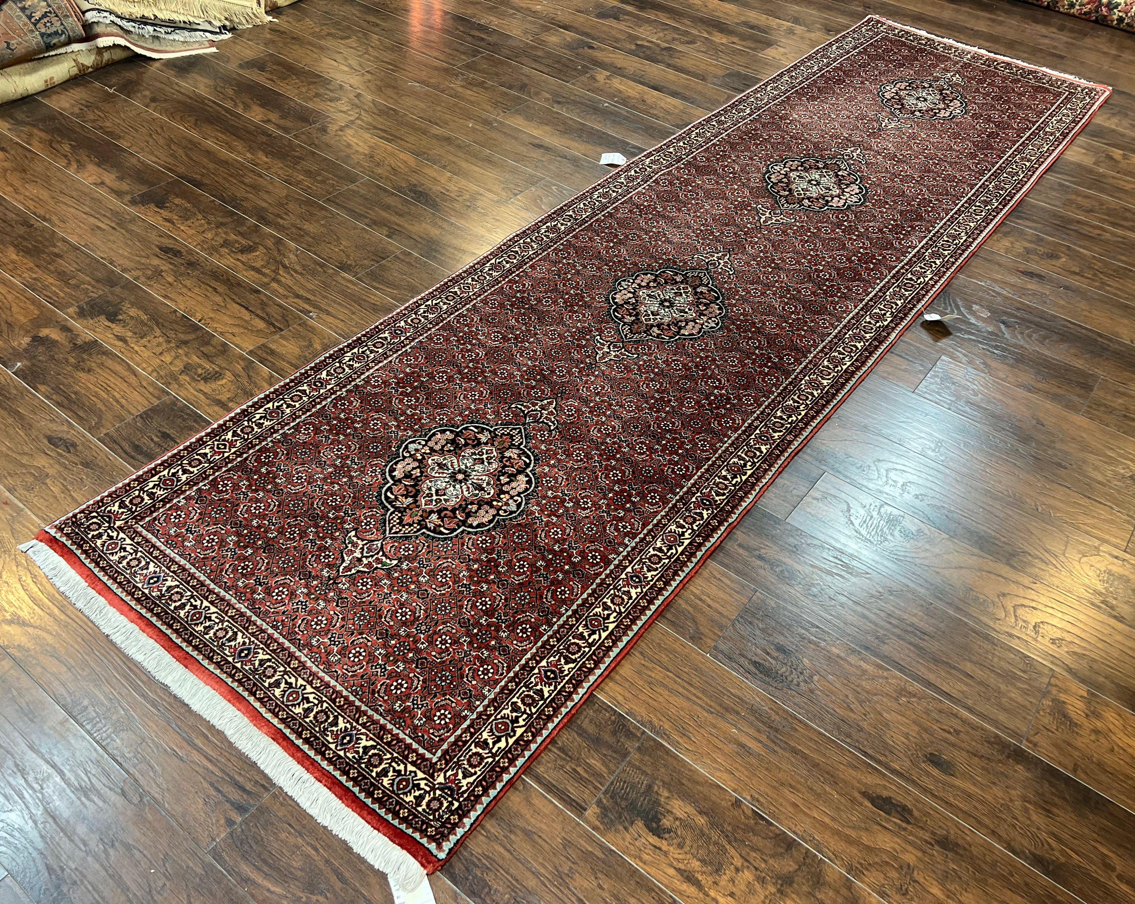 Persian Bidjar Runner Rug 3.5 x 12.7, Mahi Herati Pattern, Vintage Bijar Rug, Hand Knotted Fine Oriental Runner Rug, Wool, Dark Red, Hallway Rug - Jewel Rugs