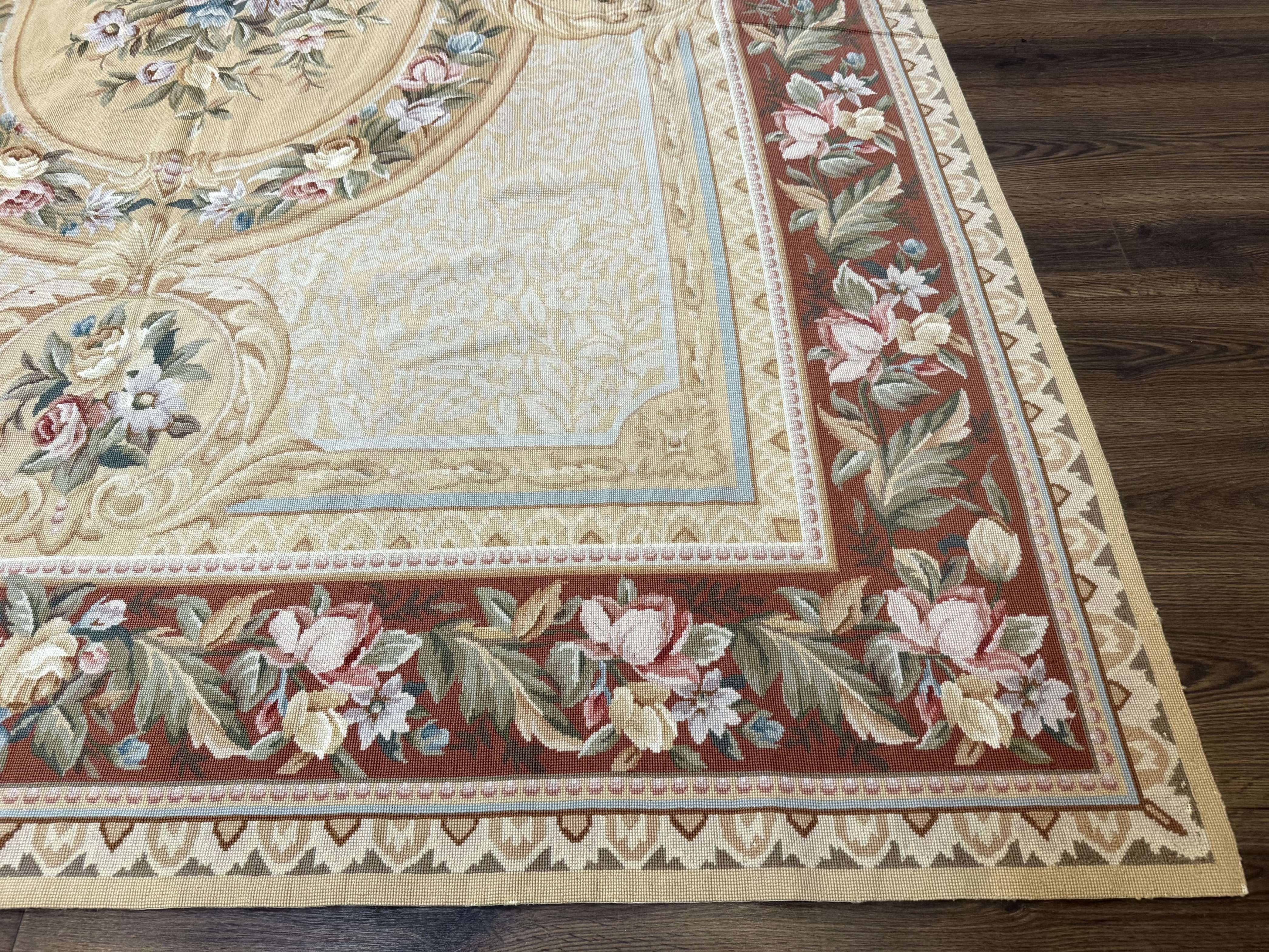 Needlepoint Rug 8x10, Aubusson Savonnerie European Carpet, Floral, Elegant - Jewel Rugs
