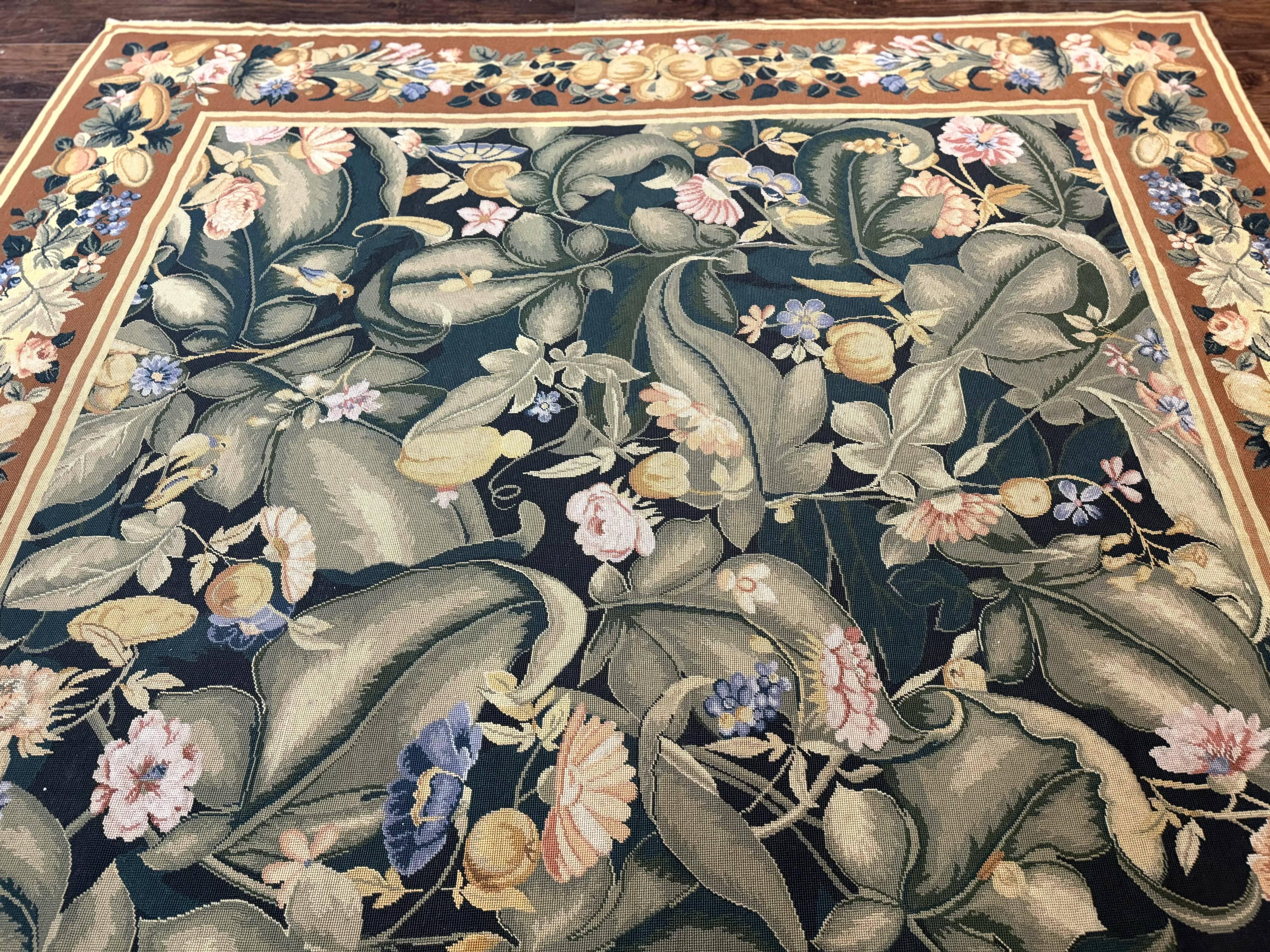 Needlepoint Rug 8x10, Vintage, Handmade, Wool, Green, Leaves & Fruits - Jewel Rugs