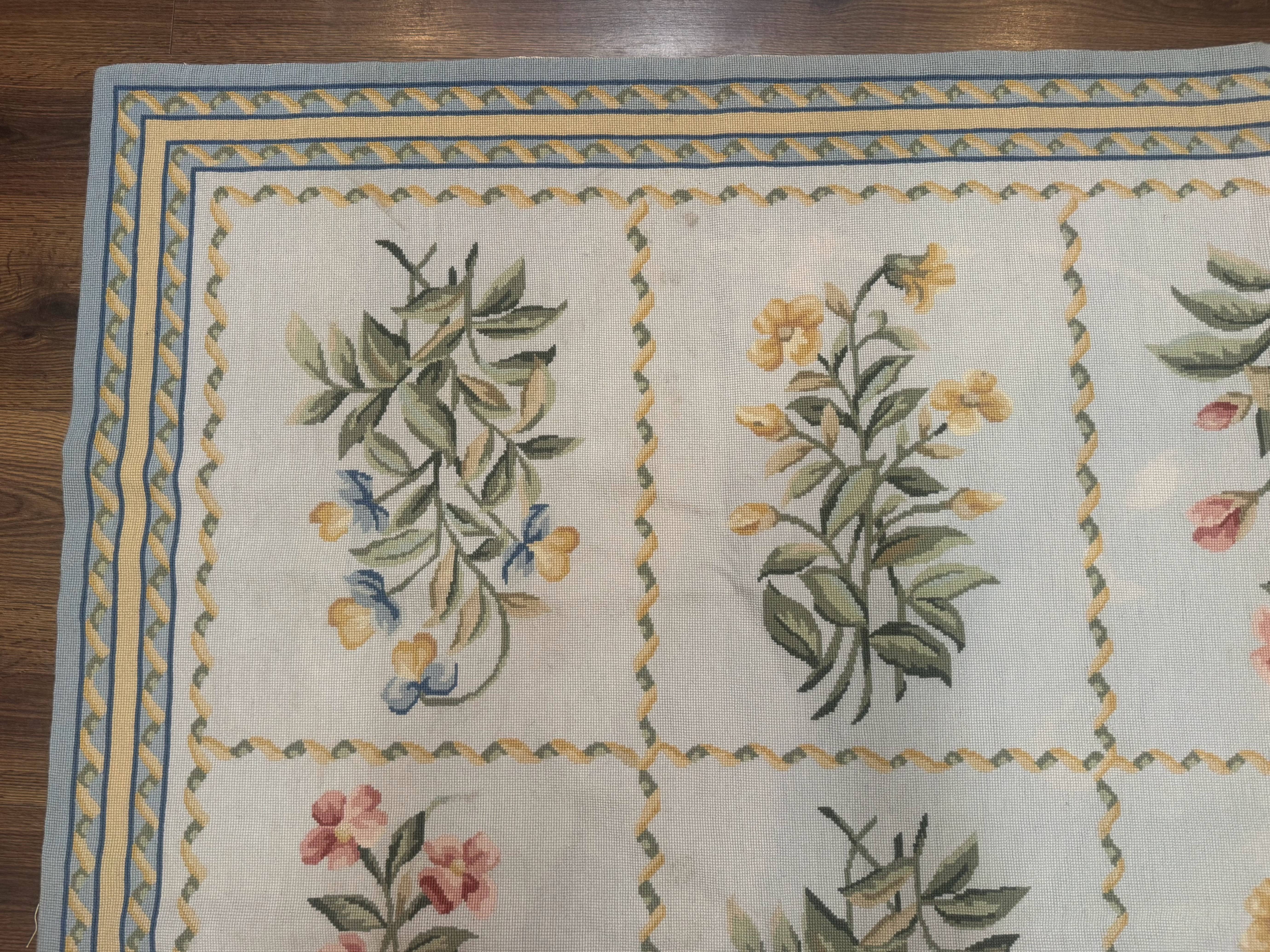 Needlepoint Rug 8x10, Vintage, Aubusson Panel Design, Floral, Wool - Jewel Rugs