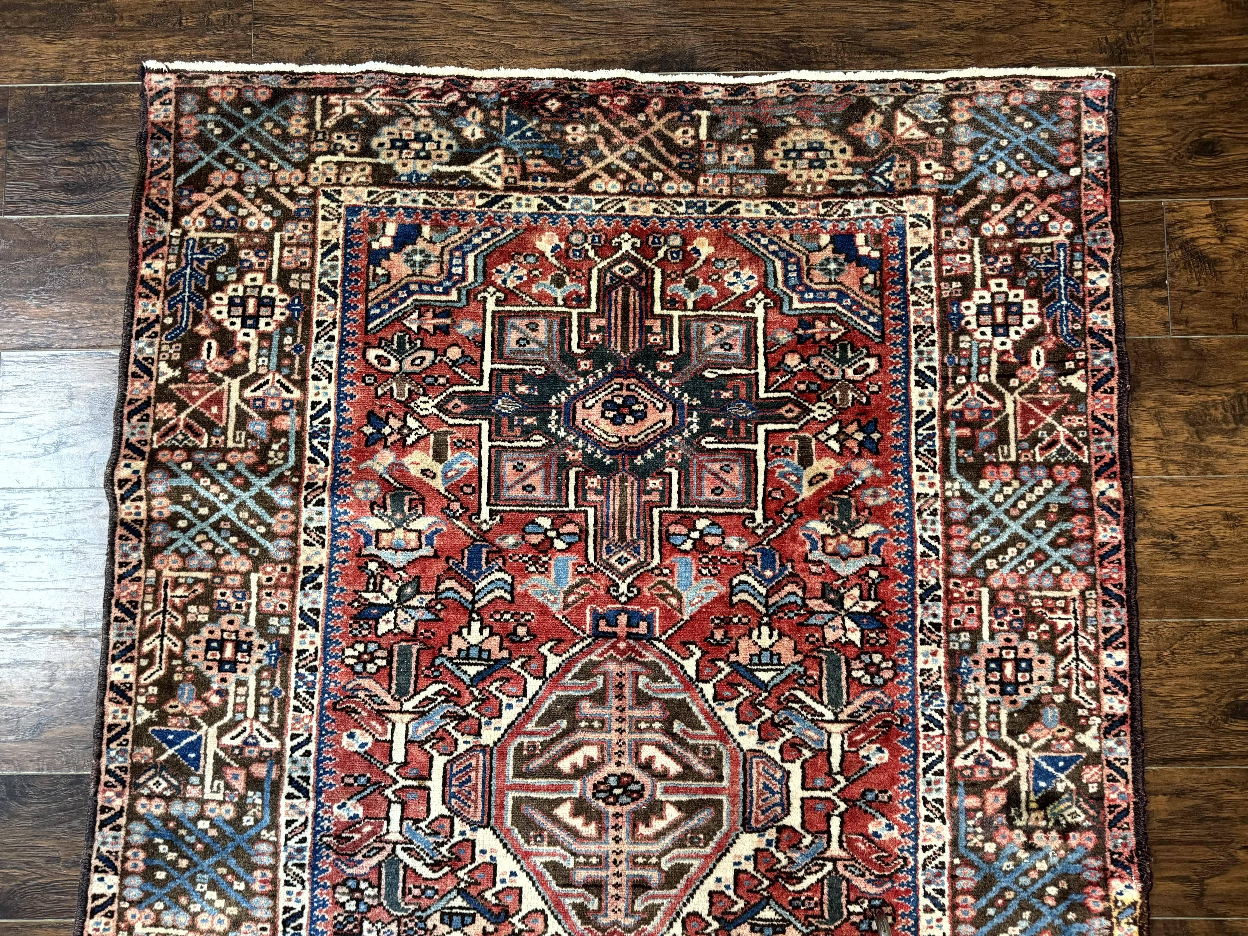 Perisan Heriz Rug 5x13, Wide Runner Rug, Geometric Medallions Tribal Carpet, Antique, Red, Rare Size, Wool Handmade Runner - Jewel Rugs