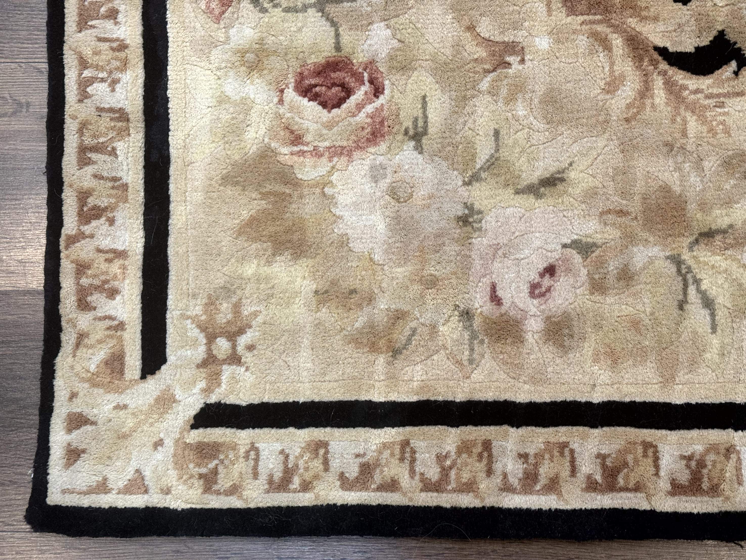 Chinese Aubusson Rug 6x9, Wool Pile, Black, Floral, Elegant - Jewel Rugs