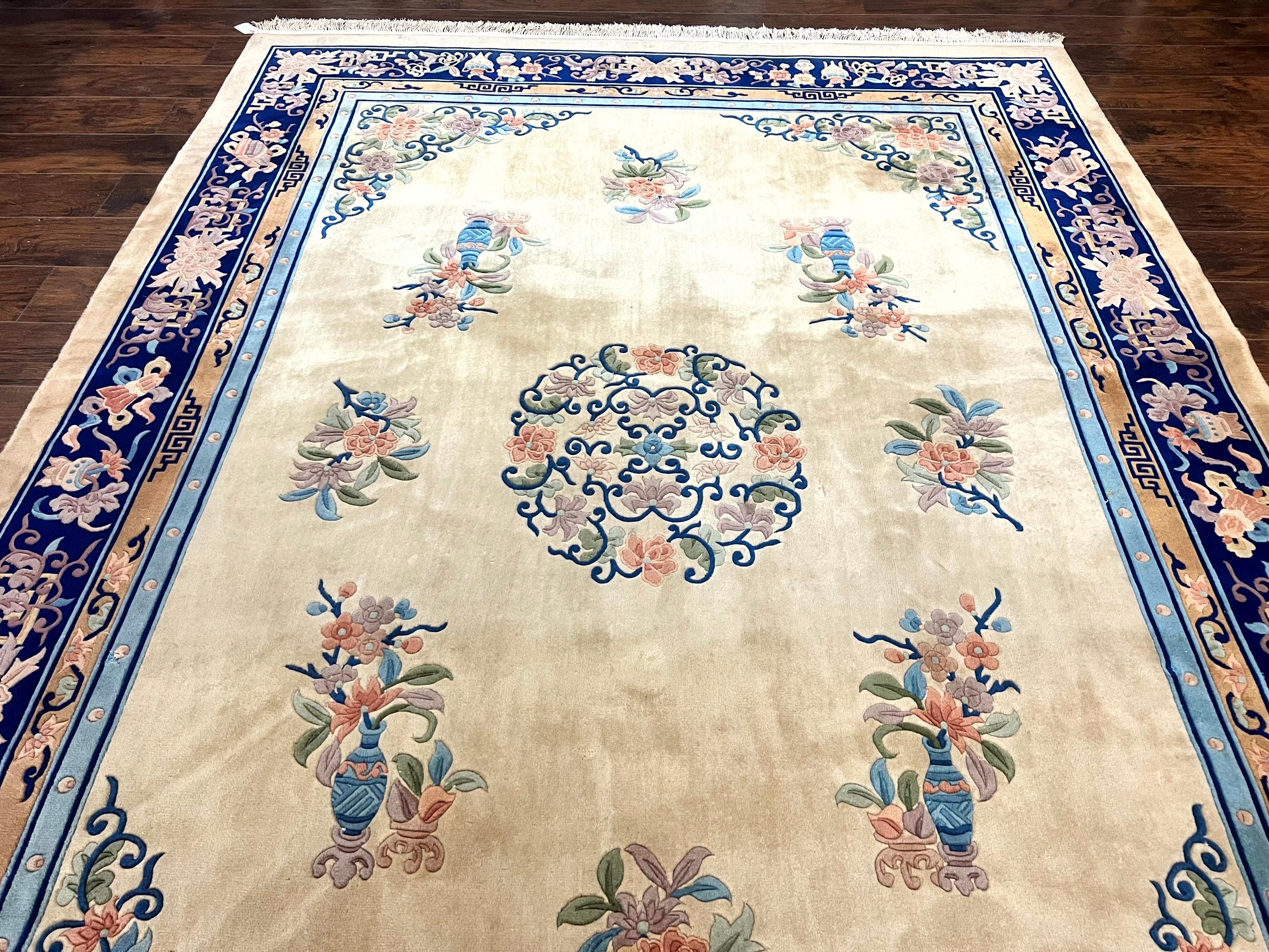 Chinese Wool Rug 8x11, Peking Asian Oriental Carpet, Cream/Ivory and Blue, Vintage Handmade Rug, Art Deco Rug - Jewel Rugs