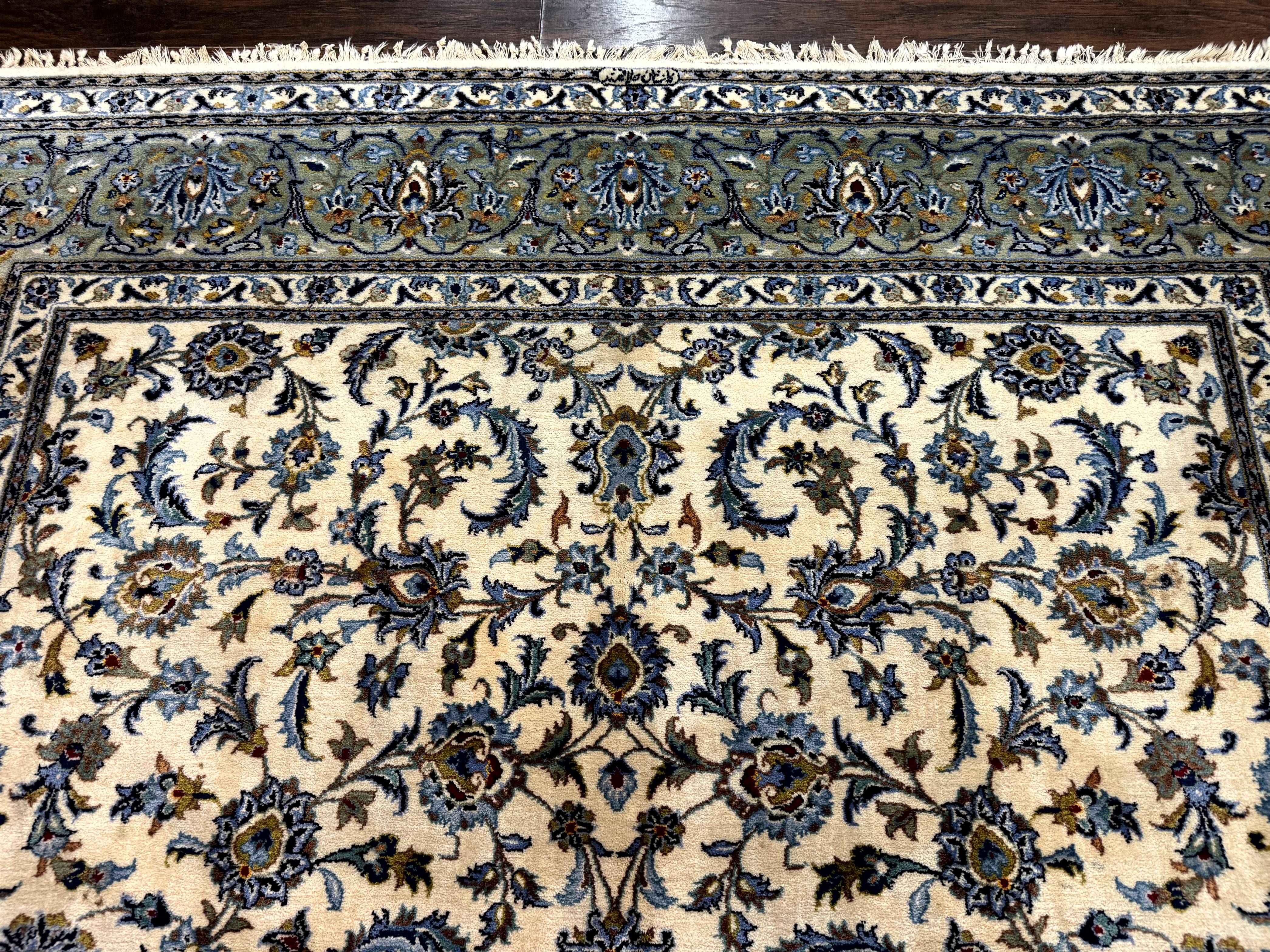 Persian Kashan Rug 8x11, Ivory Blue Green, Floral Allover, Signed By Masterweaver - Jewel Rugs