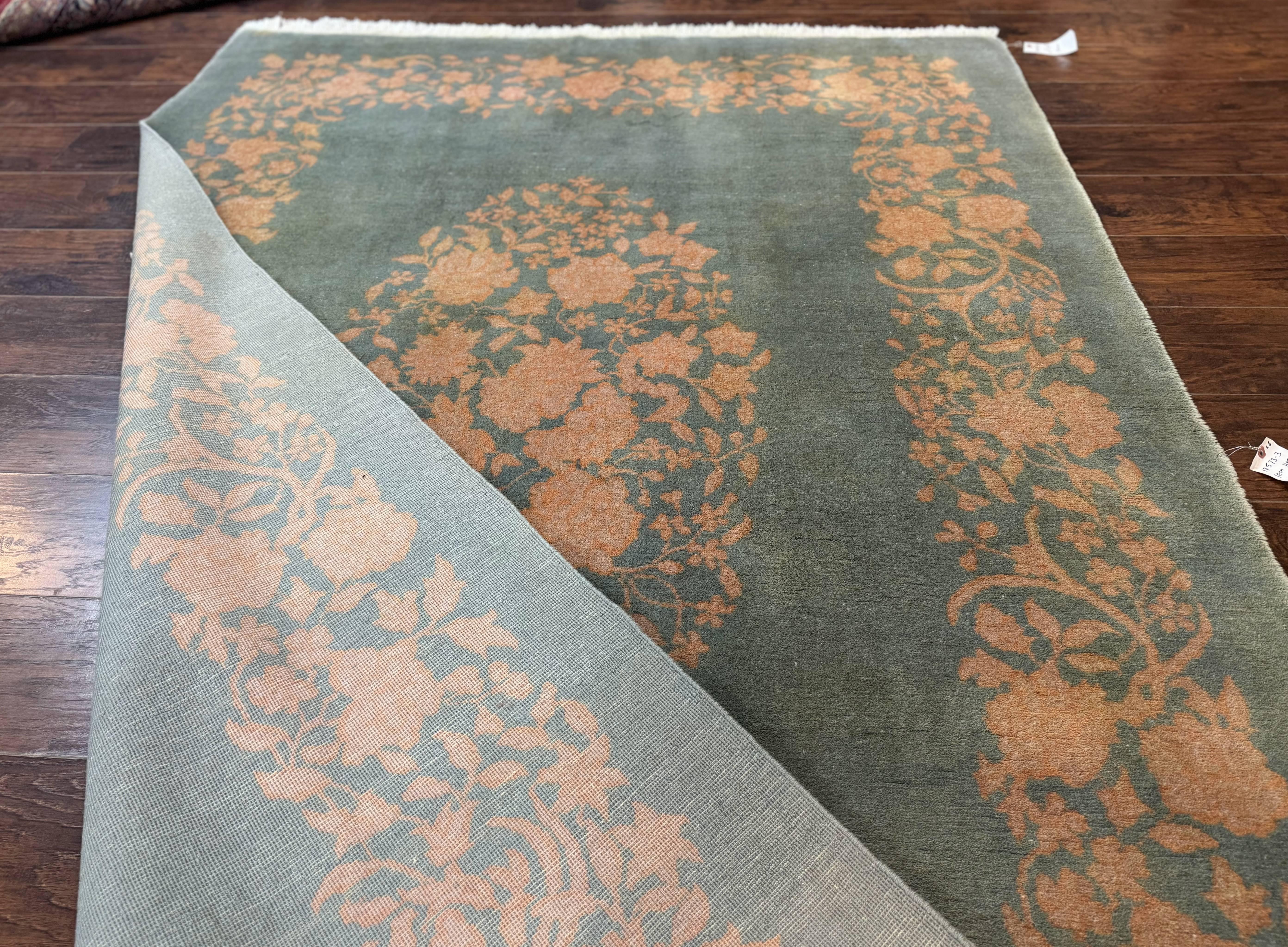 Teal Chinese Wool Rug 6x8, Vintage Handmade Carpet, Floral, Semi Open Field - Jewel Rugs