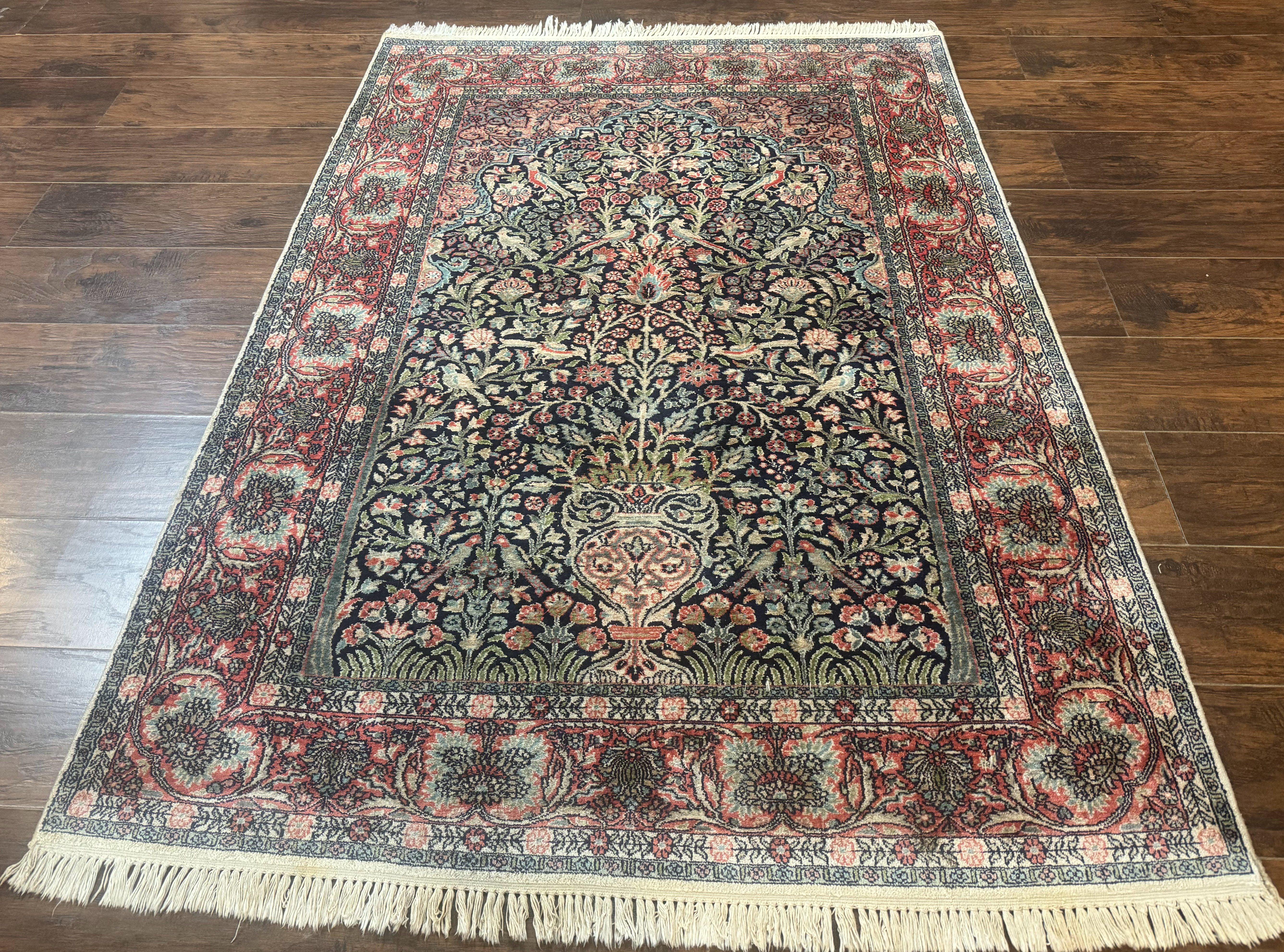 Silk Indian Kashmiri Rug 4x6, Tree of Life Pattern, Birds, Fine 290 KPSI, Navy Blue and Red, Handmade Oriental Carpet - Jewel Rugs