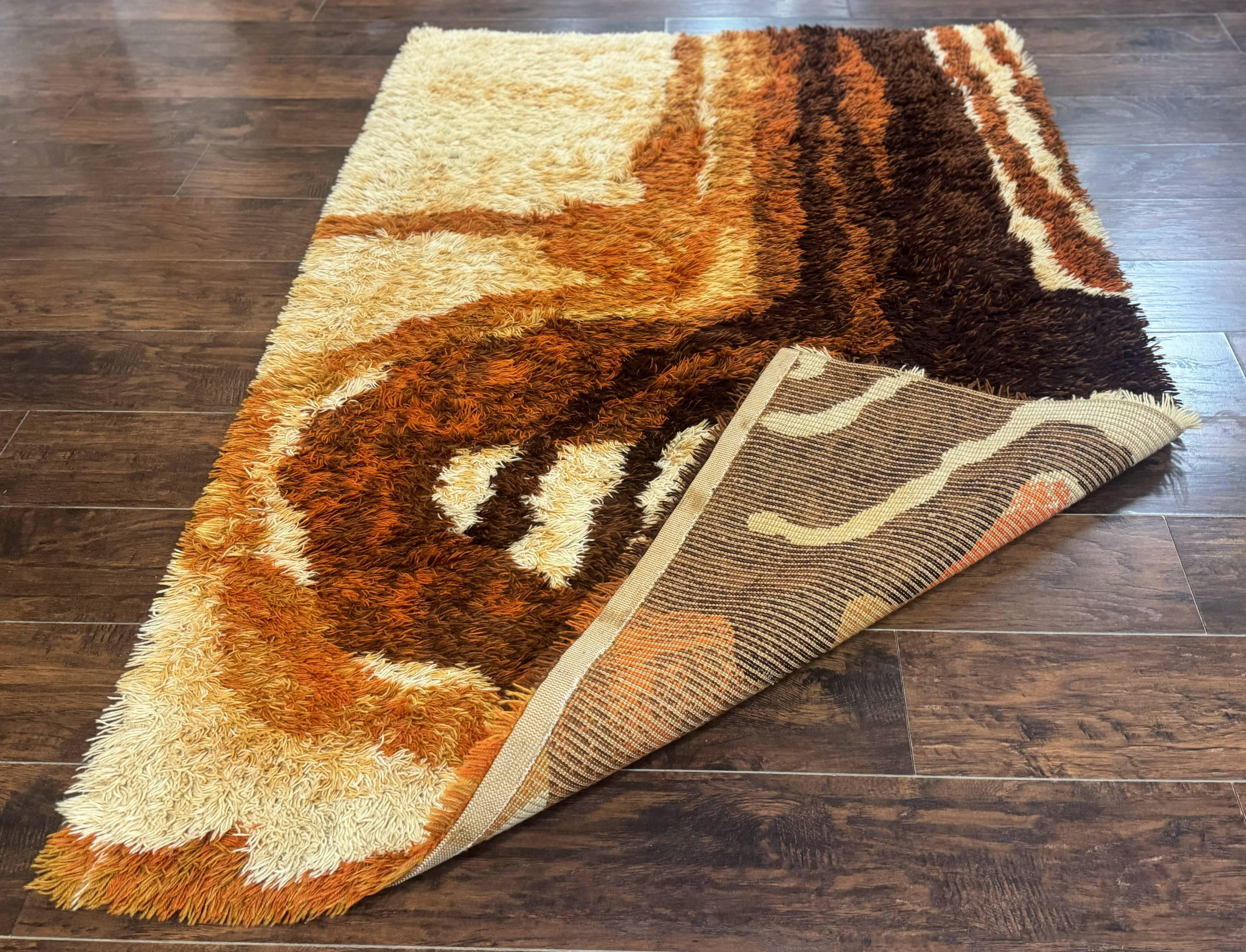 Danish Rya Shag Rug, Mid Century Modern Vintage Retro Abstract Carpet, 5x6, Shades of Brown Cream and Orange - Jewel Rugs