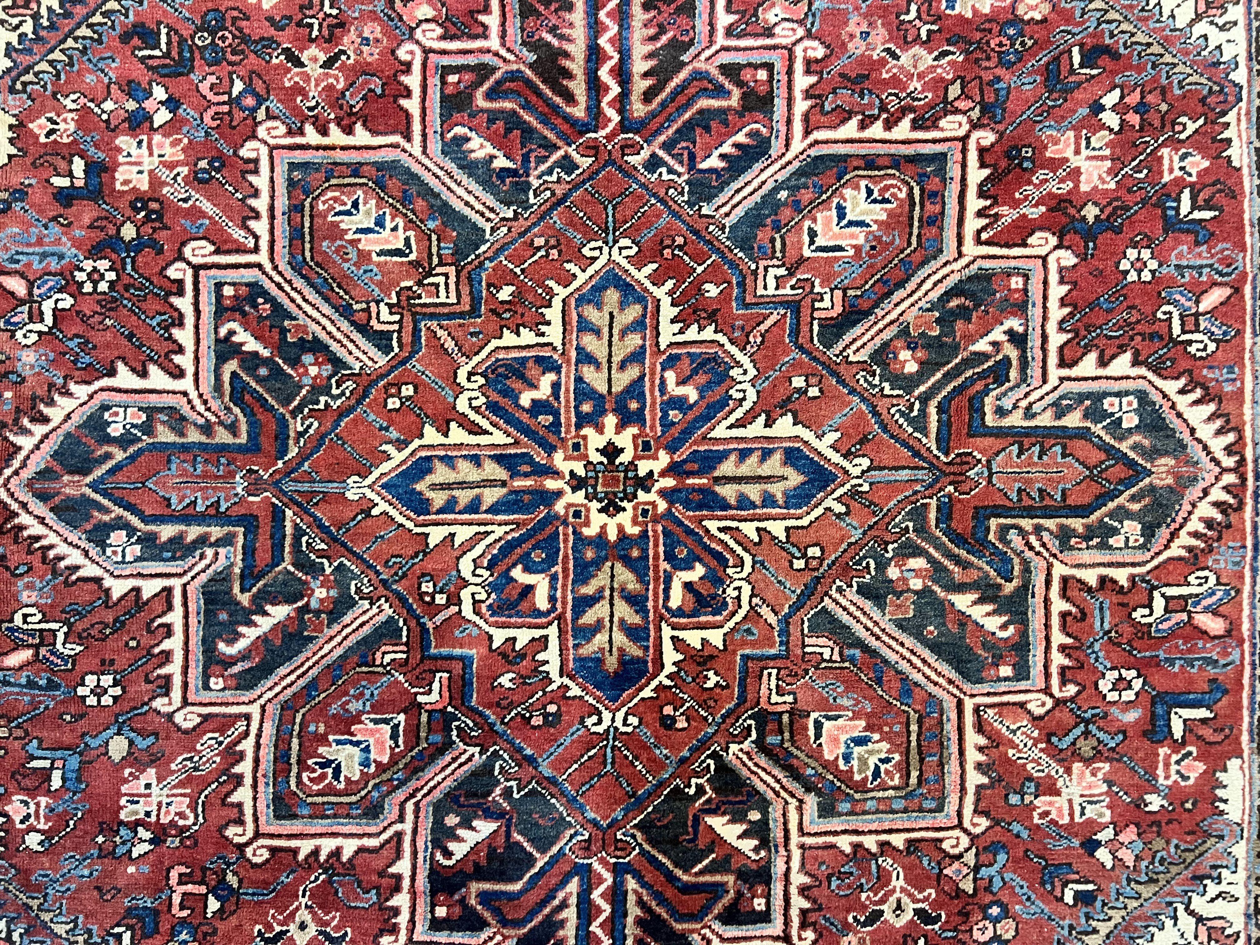 Persian Heriz Rug 8x11, Wool Hand Knotted Antique Carpet, Red Navy Blue Ivory, Geometric Rug, 8 x 11 Room Sized Oriental Rug - Jewel Rugs