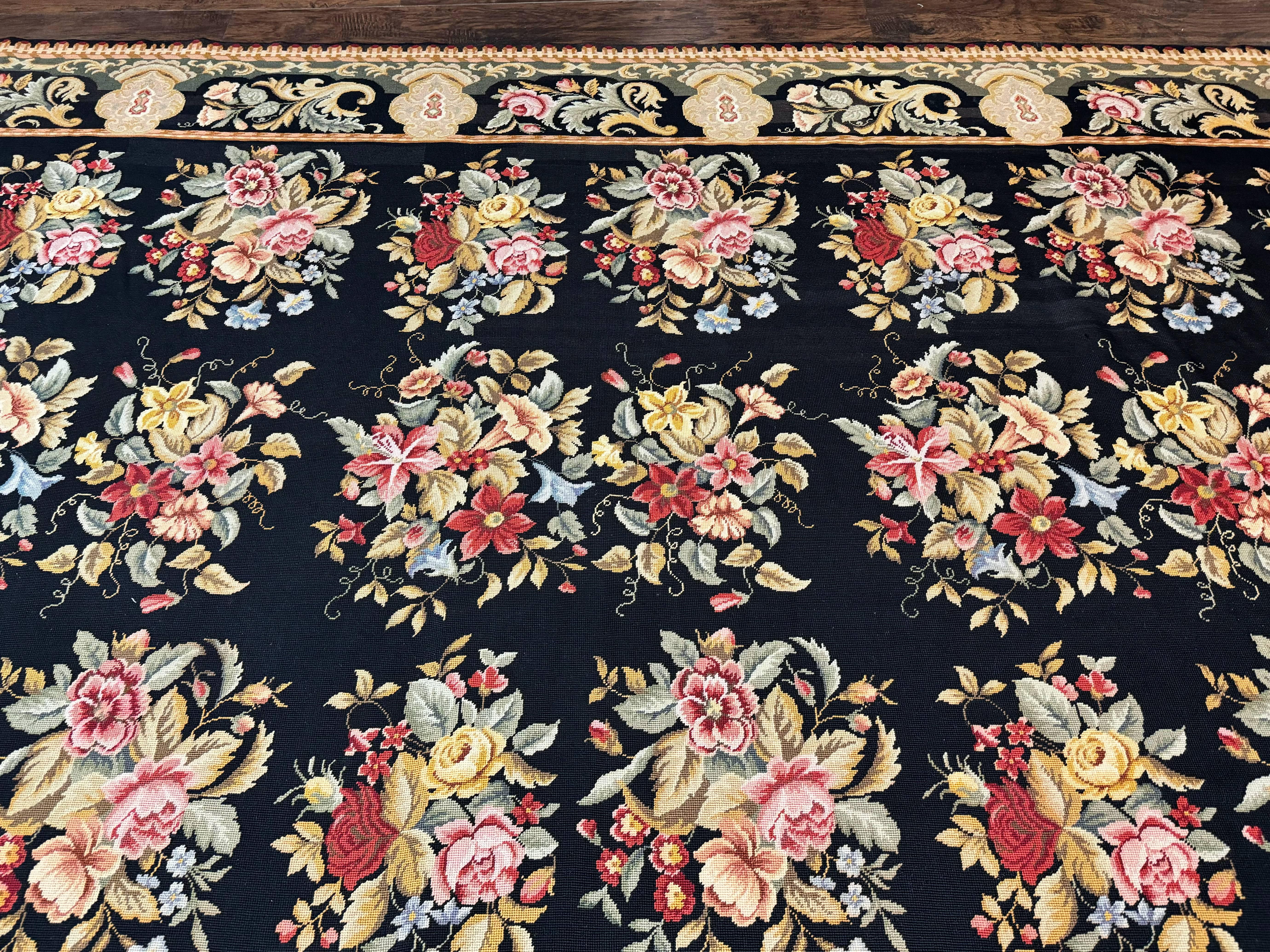 Palace Size Needlepoint Rug 12x16, Black and Colorful, Floral Panel, Handmade Oversized Wool Needlepoint Carpet, Rare - Jewel Rugs