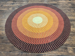 Large Round American Braided Rug 7x7 ft, Multicolor Shades of Yellow Orange Red, 7 x 7 Hand Braided Vintage Mid Century Rug