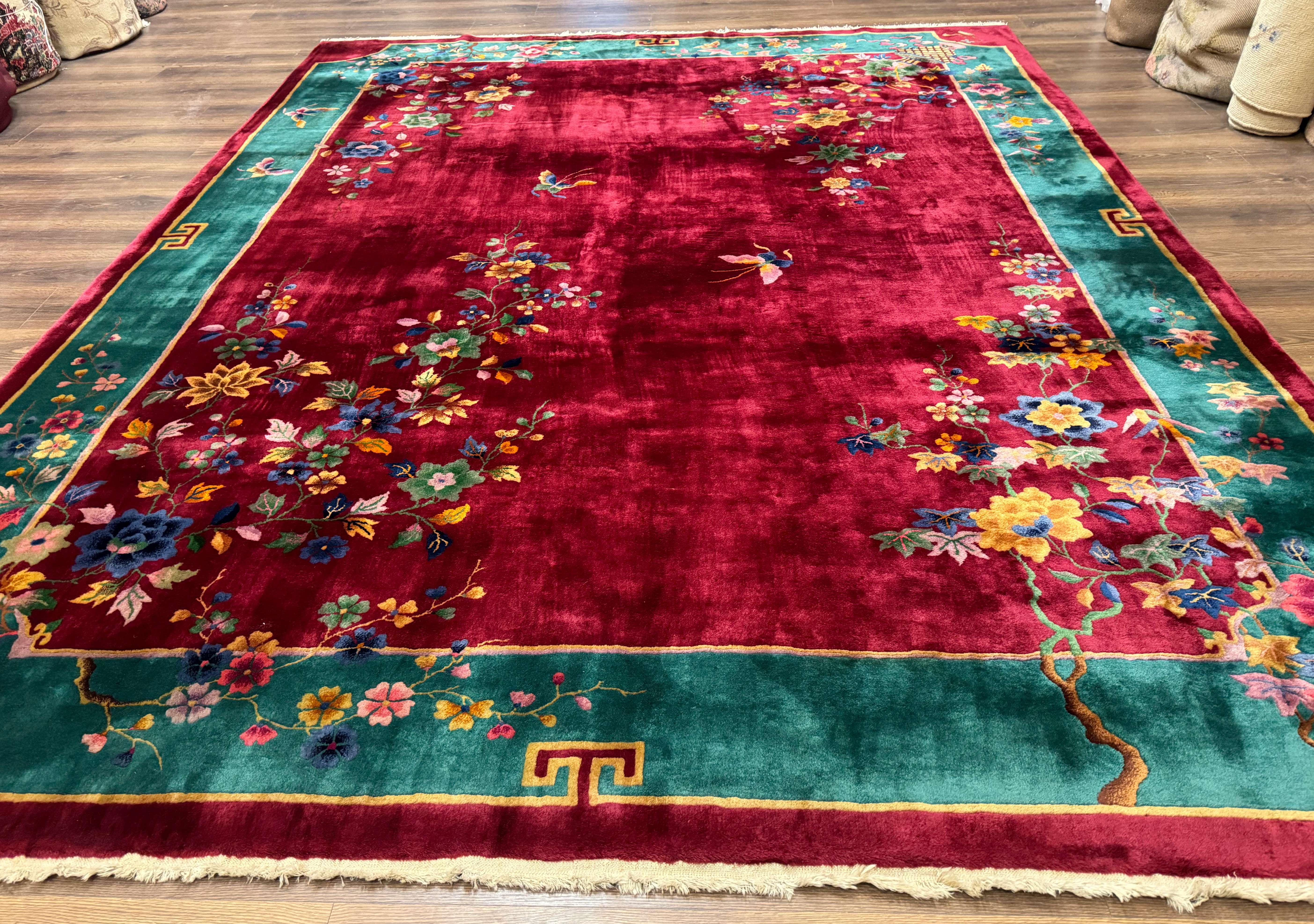 Antique Chinese Art Deco Rug 9x11, Rare, Nichols Rug, Cherry Red and Green, Chinese Wool Carpet - Jewel Rugs