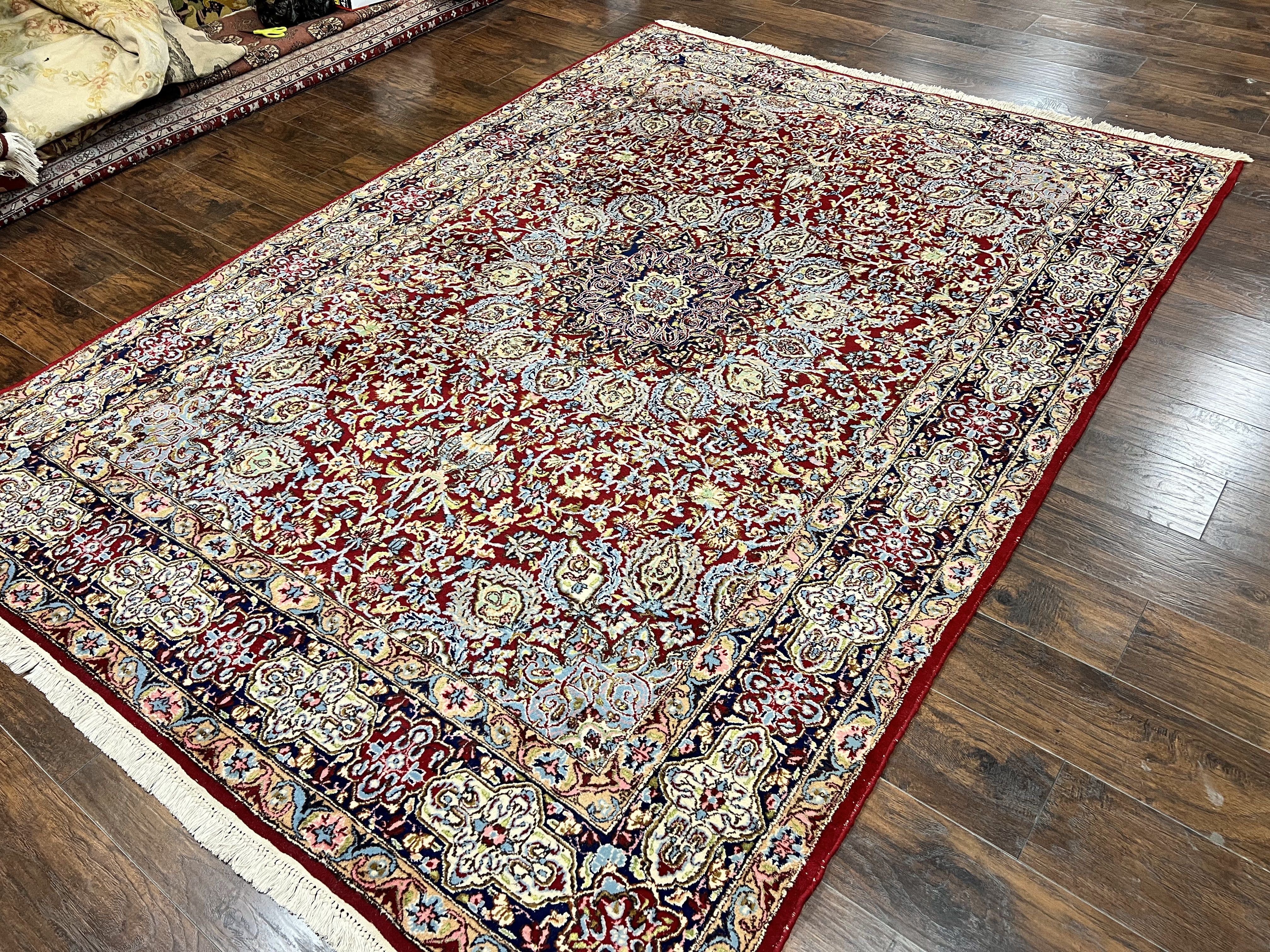 Persian Rug 7x10, Kirman Oriental Carpet 7 x 10 ft, Hand Knotted Wool Floral Medallion Semi Antique Persian Rug, Dark Red Light Blue Vintage - Jewel Rugs