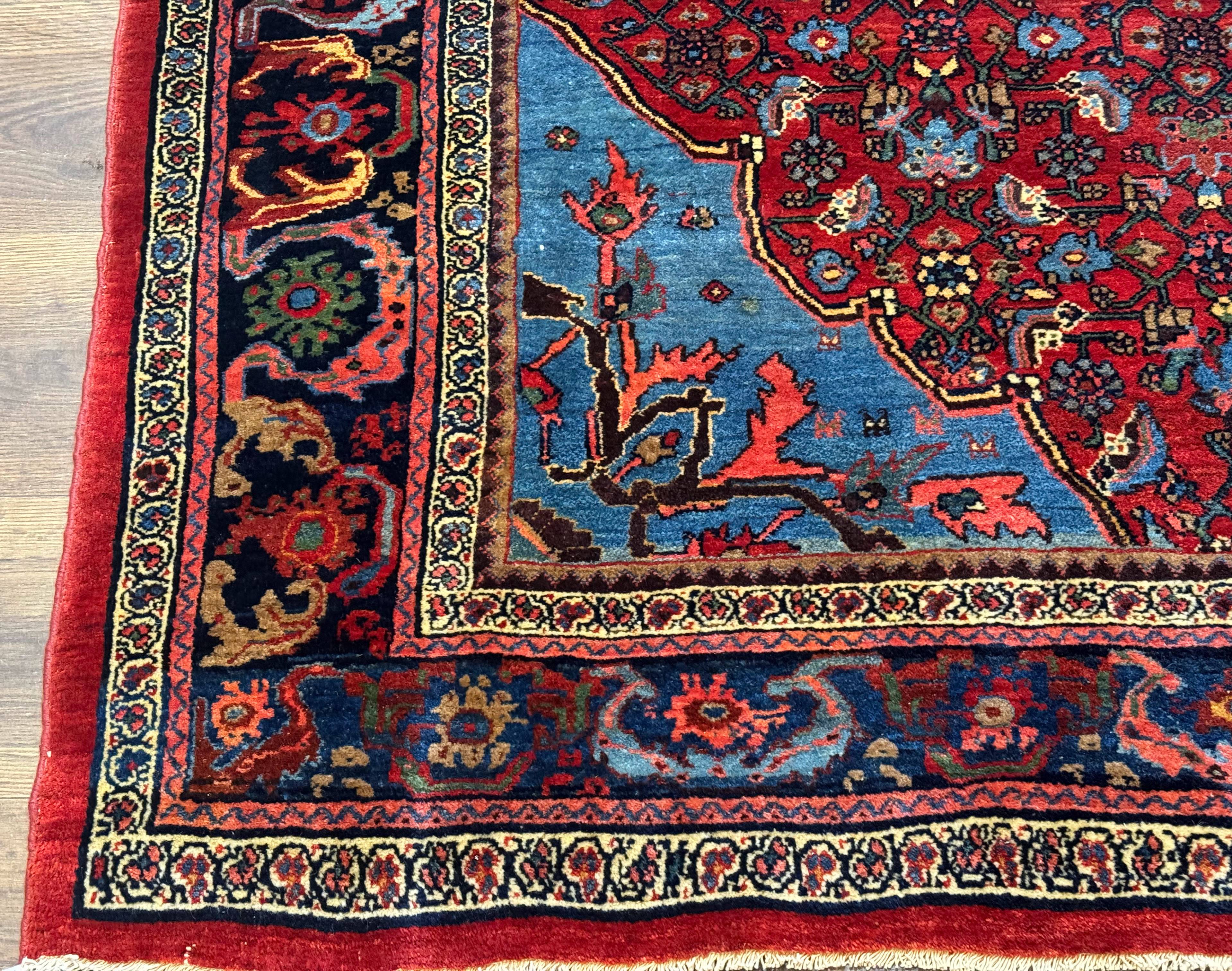 Antique Persian Bijar Rug 5x8, Red and Navy Blue, Medallion and Corner Design - Jewel Rugs