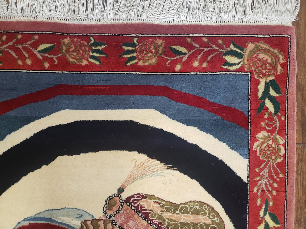 Vintage Small Pictorial Lovers Rug 2.5 x 4, Taj Mahal Indo Persian Rug, Wool Hand-Knotted Indian Rug, King & Queen, Layla and Majnun