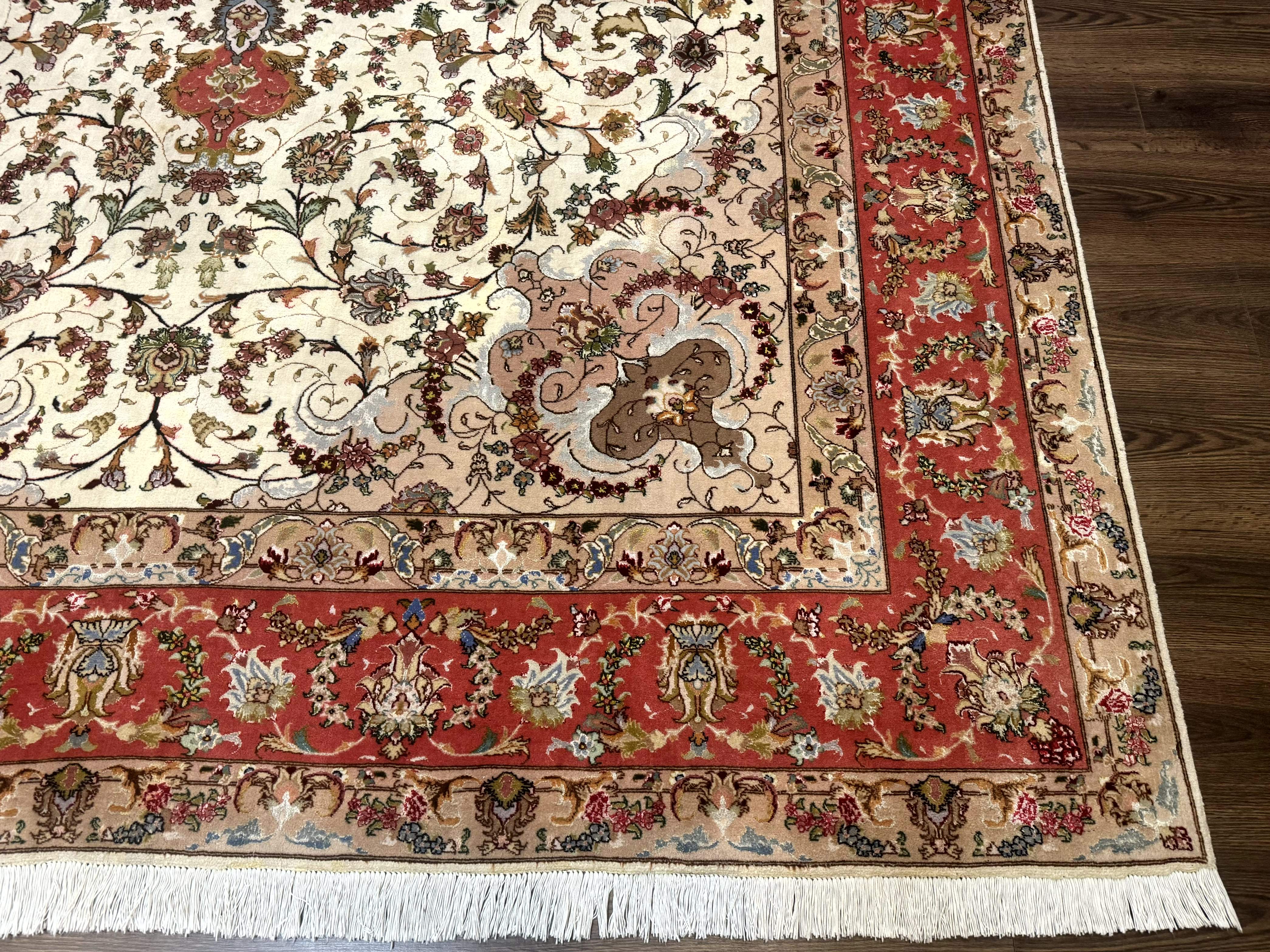 Persian Tabriz Rug 8x12 – Ivory and Coral Red, Hand-Knotted Wool Fine Carpet - Jewel Rugs